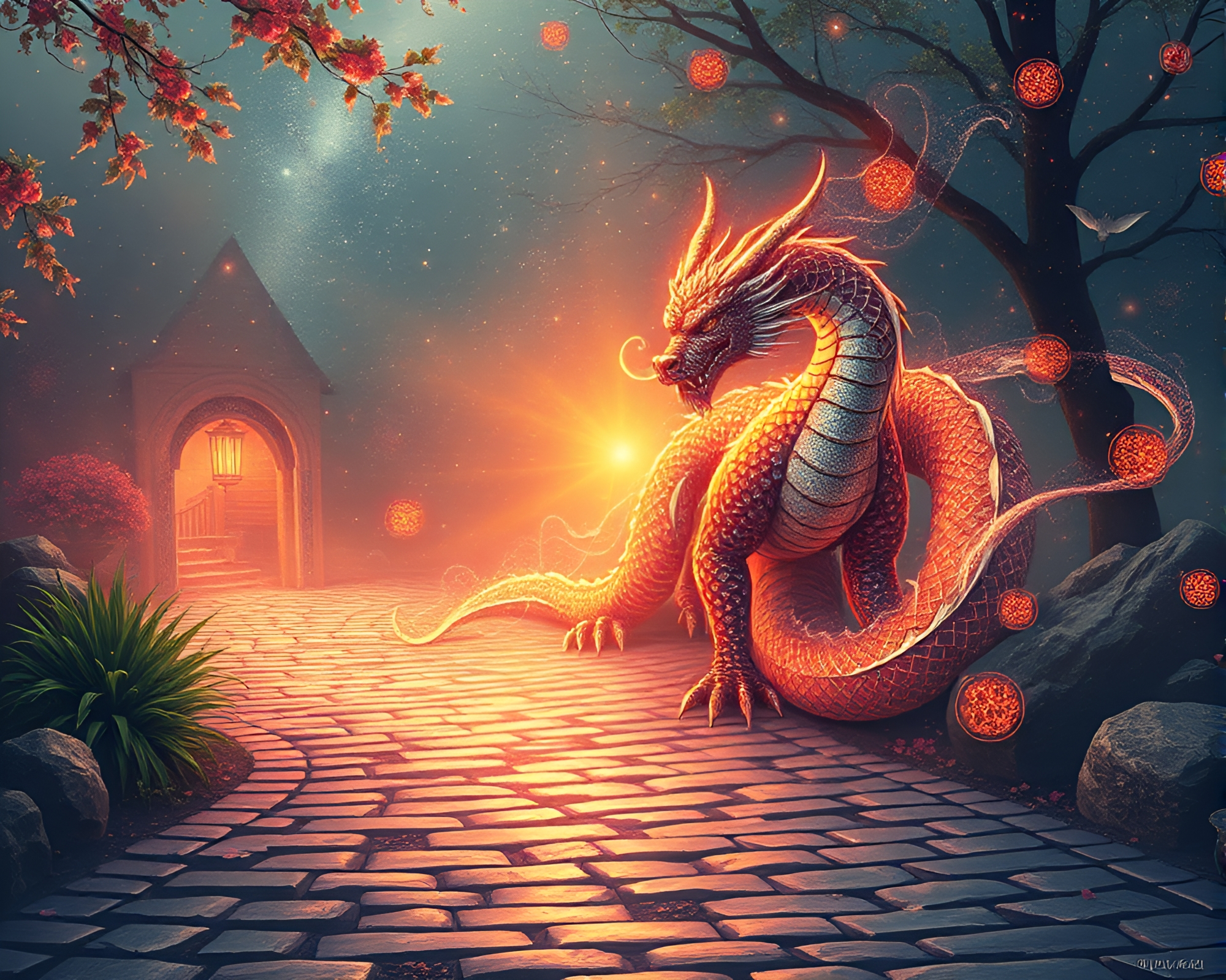 Celestial Dragon Along Cobblestone Path – free AI stock image