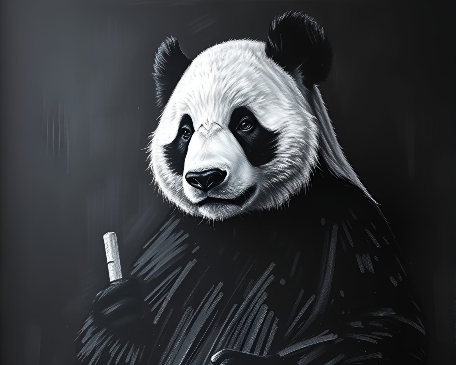 A charming panda in chalkboard smudges with vibrant rim lighting