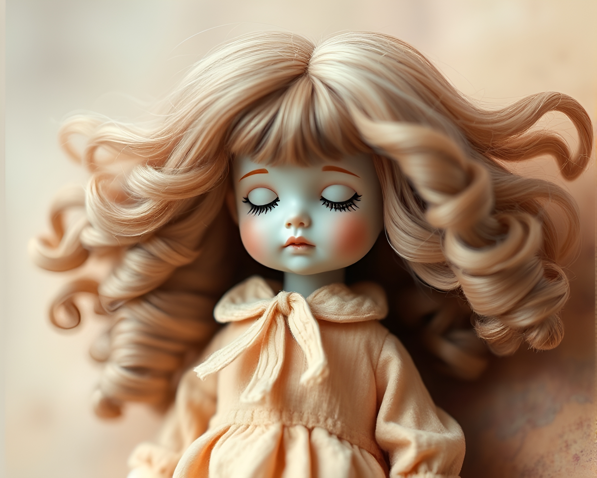 Kinetic Porcelain Doll in Earth Tone Gradient Composition – free AI stock image
