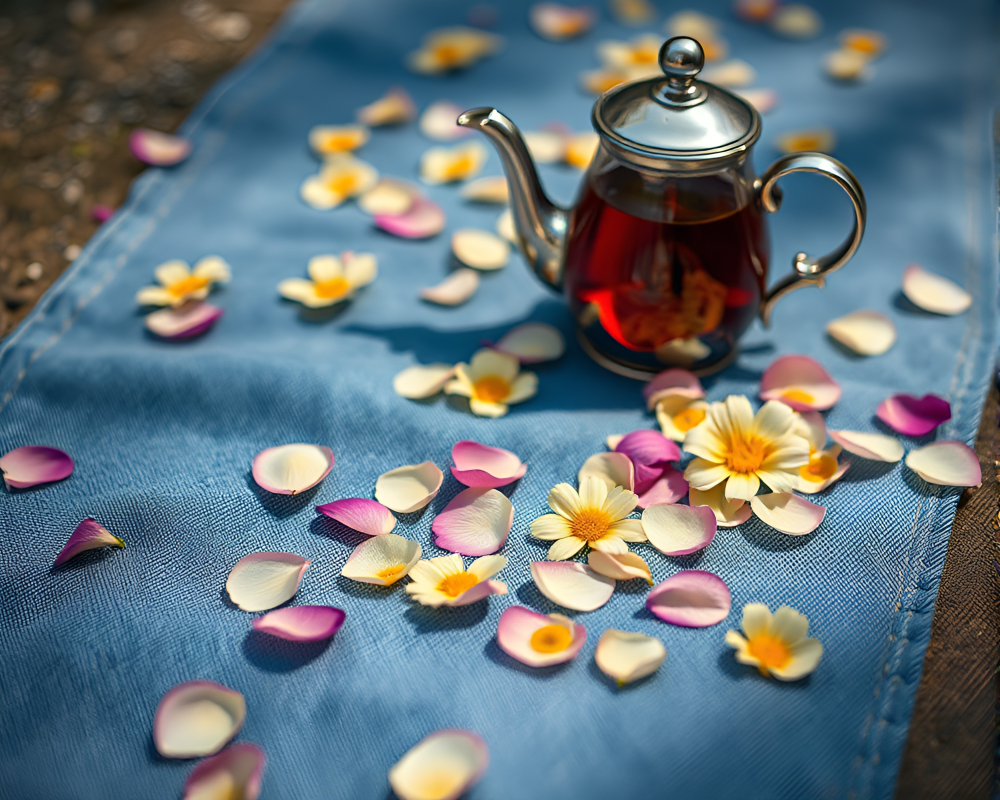 Tea set surrounded by soft flower petals – free AI stock image