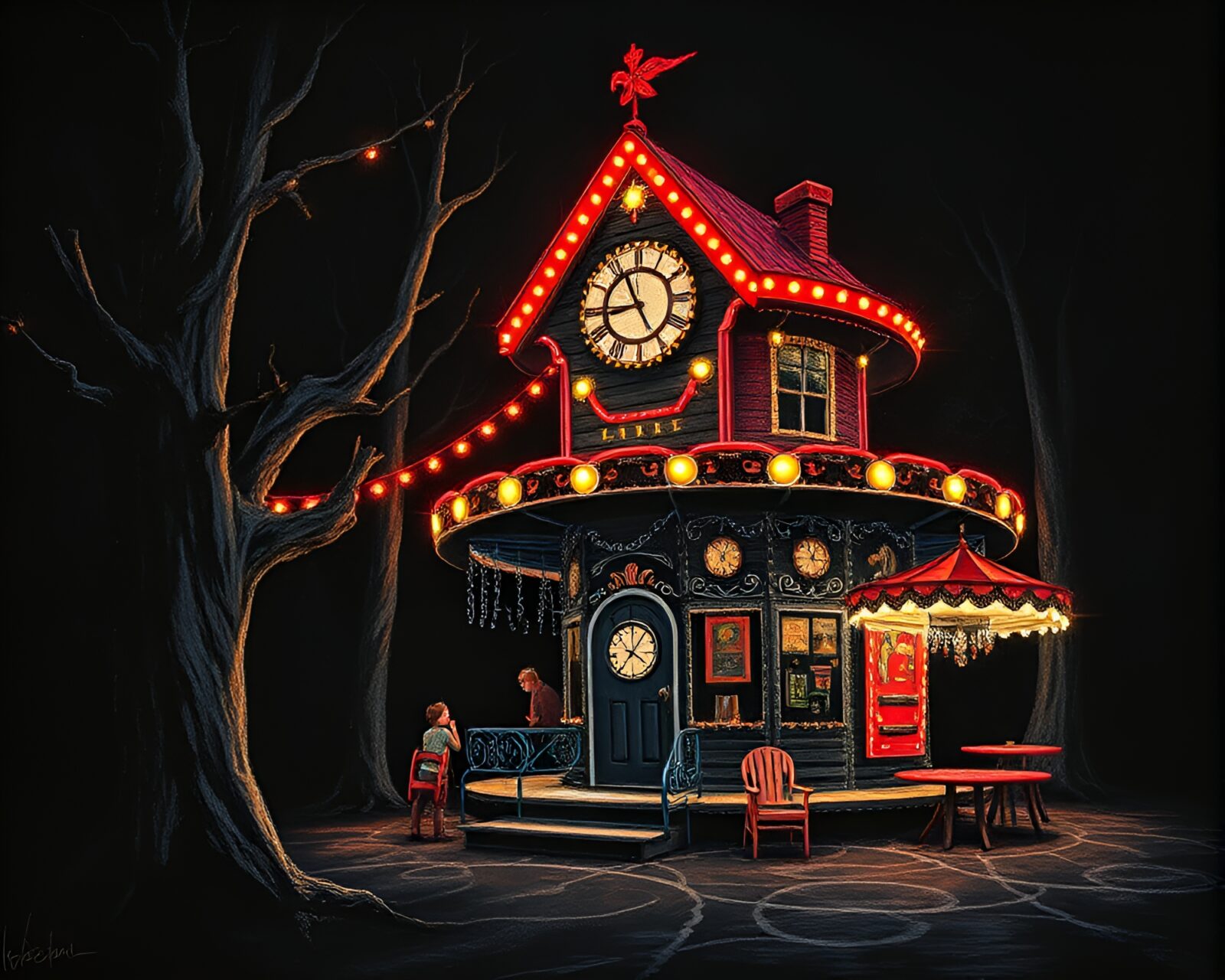 Exciting carnival lights illuminating a whimsical treehouse chalk drawing