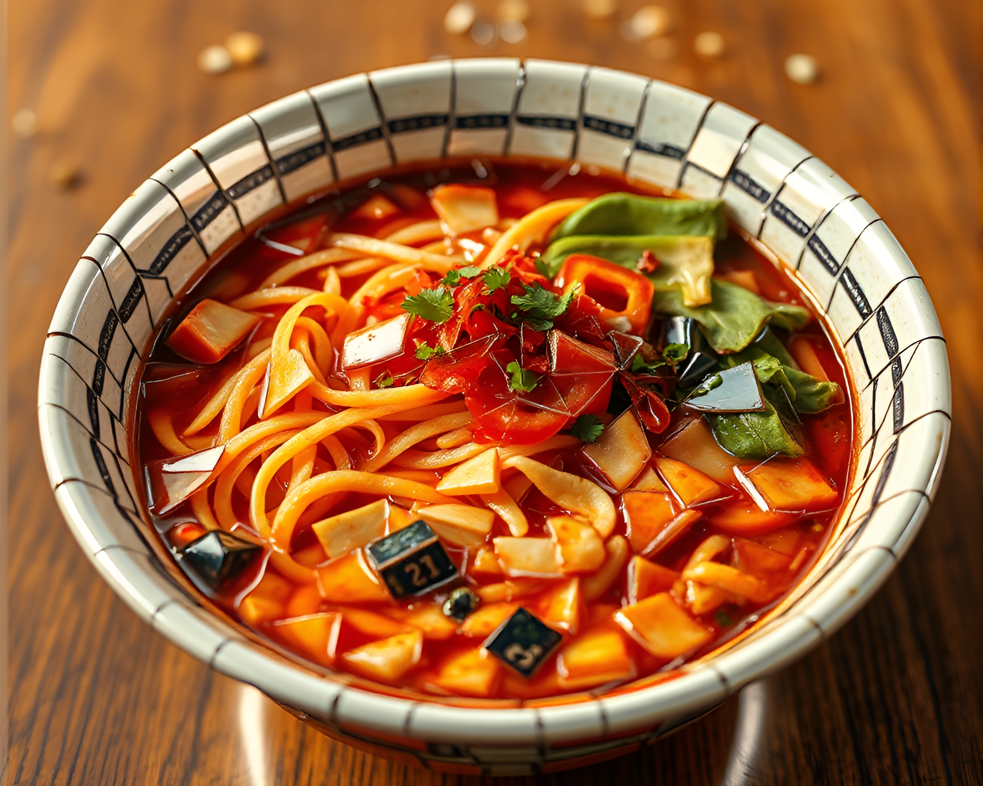Ramen Bowl Mosaic Art with Glossy Highlights – free AI stock image