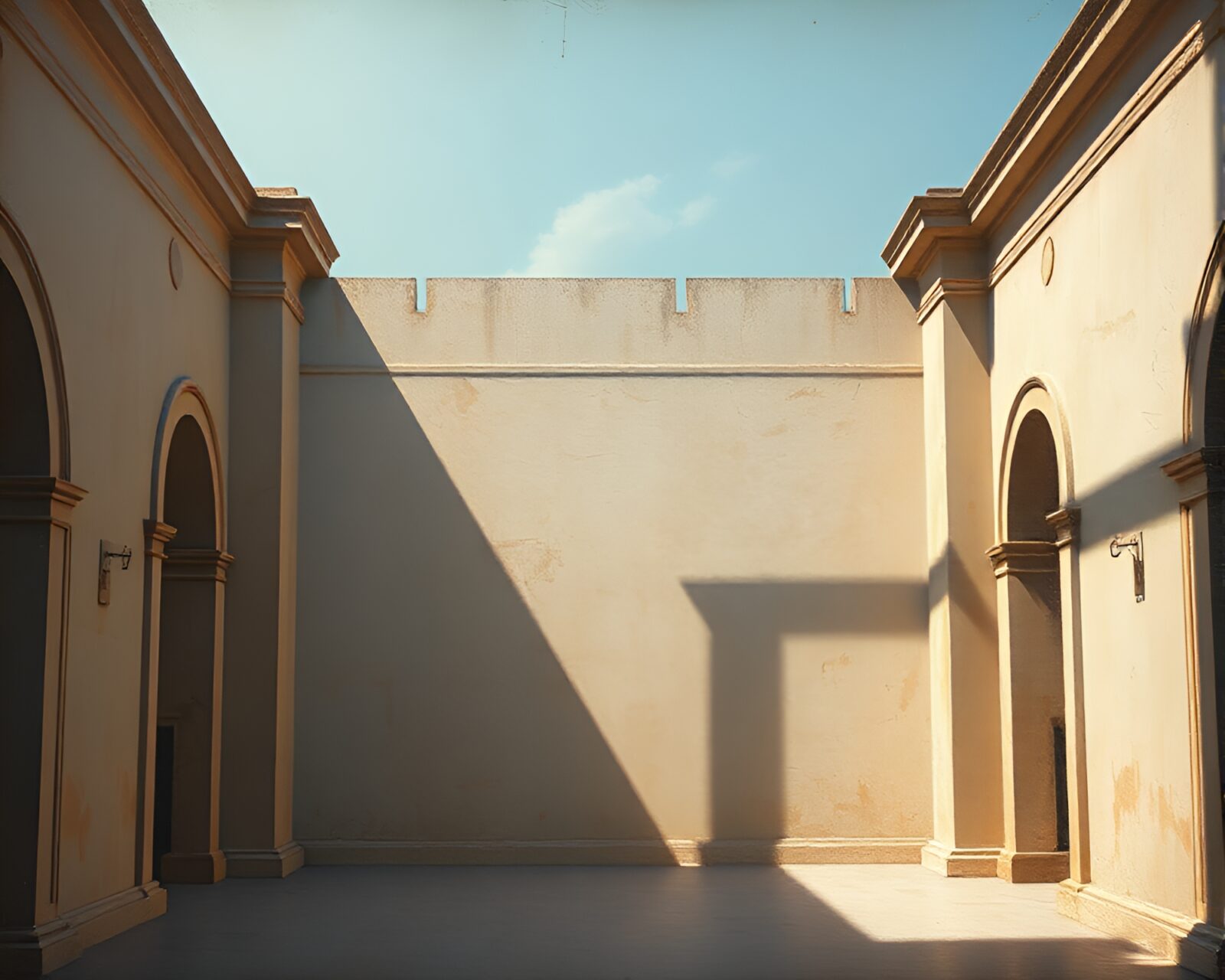 Intricate fresco-style holographic display framed by shadows