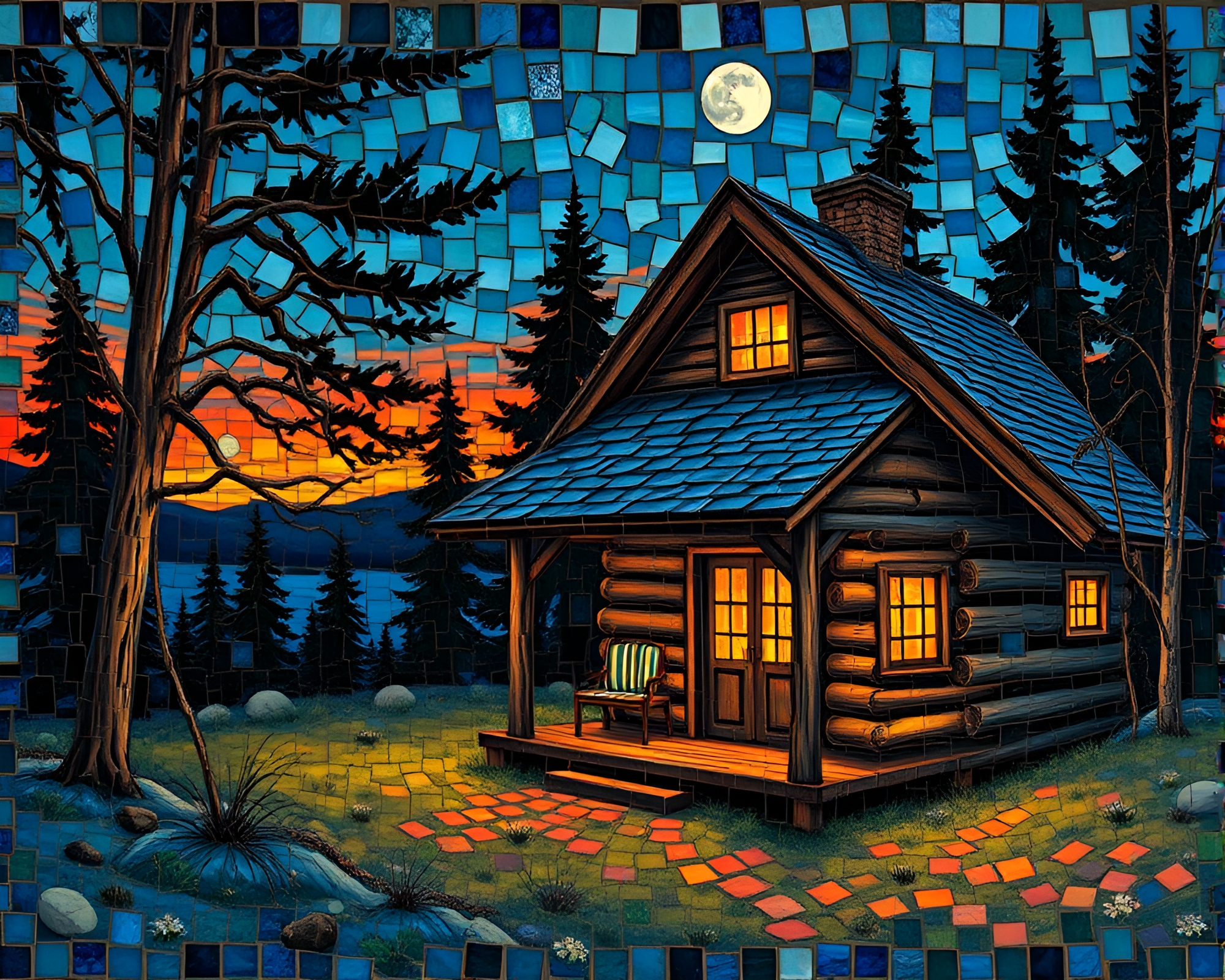 Twilight Rustic Cabin Dadaist Mosaic Collage Artwork – free AI stock image