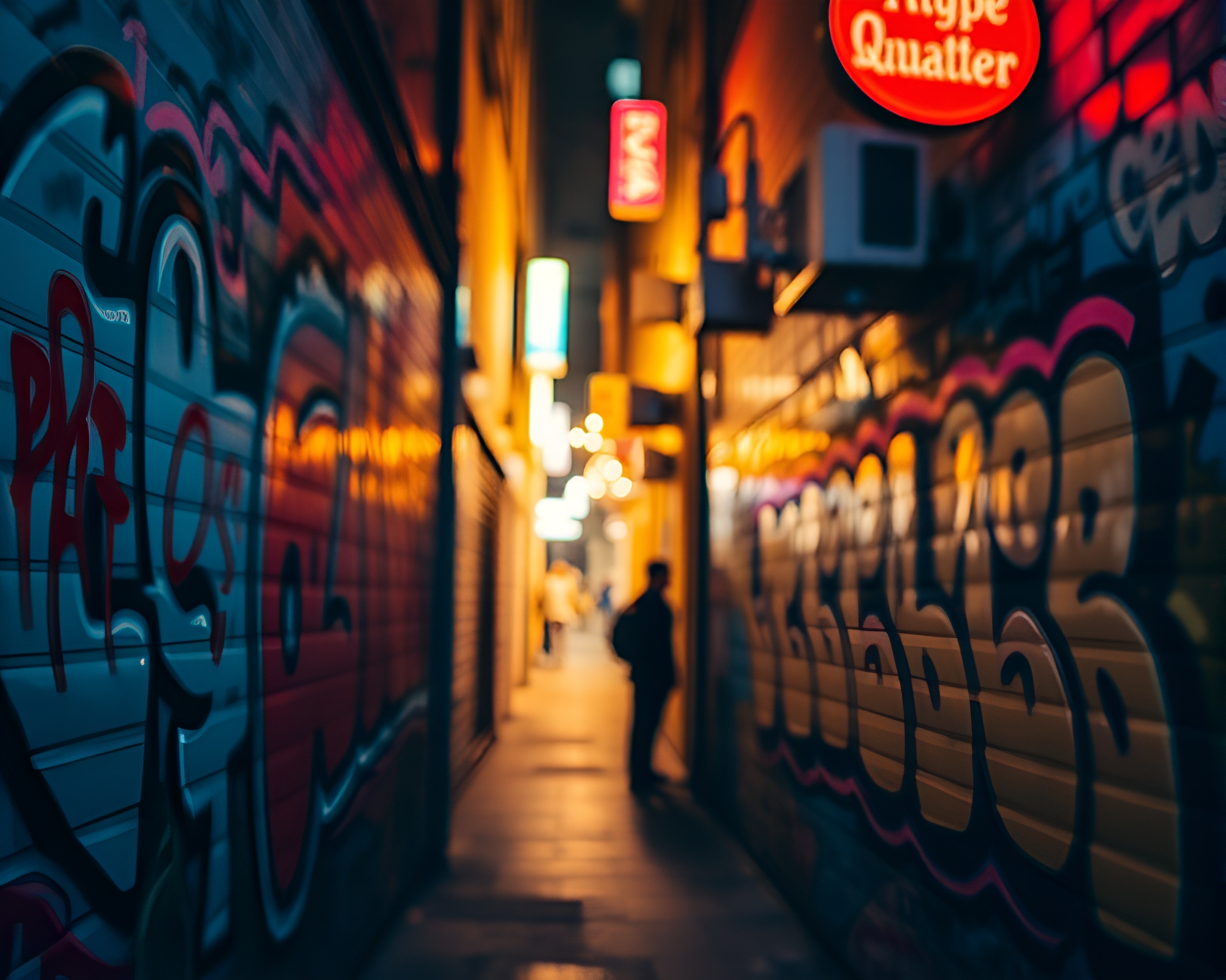 Gritty Cyberpunk Alley Mural Graffiti Bokeh Scene – free AI stock image