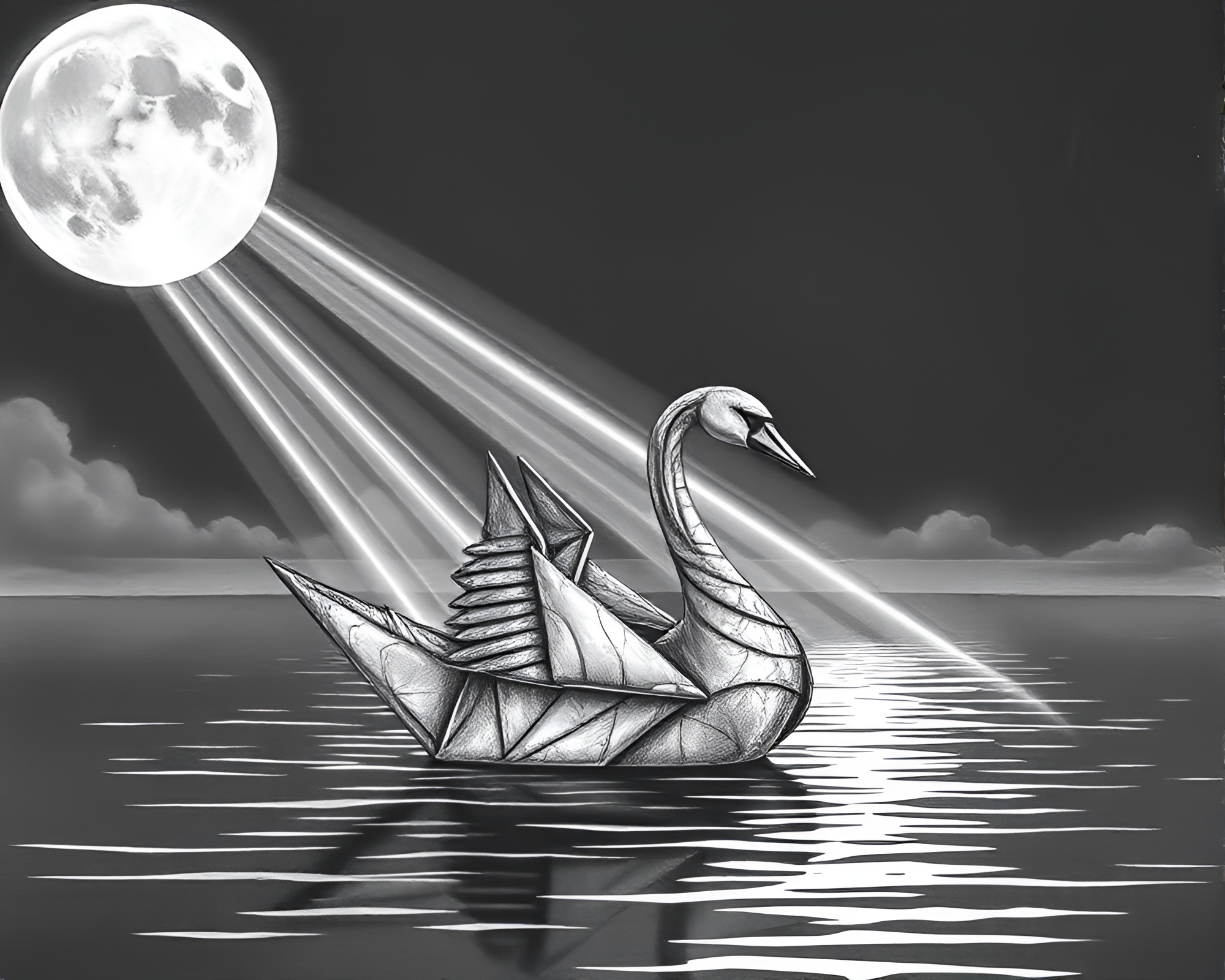 Origami Swan Bathed in Lunar Grayscale Laser Beams – free AI stock image
