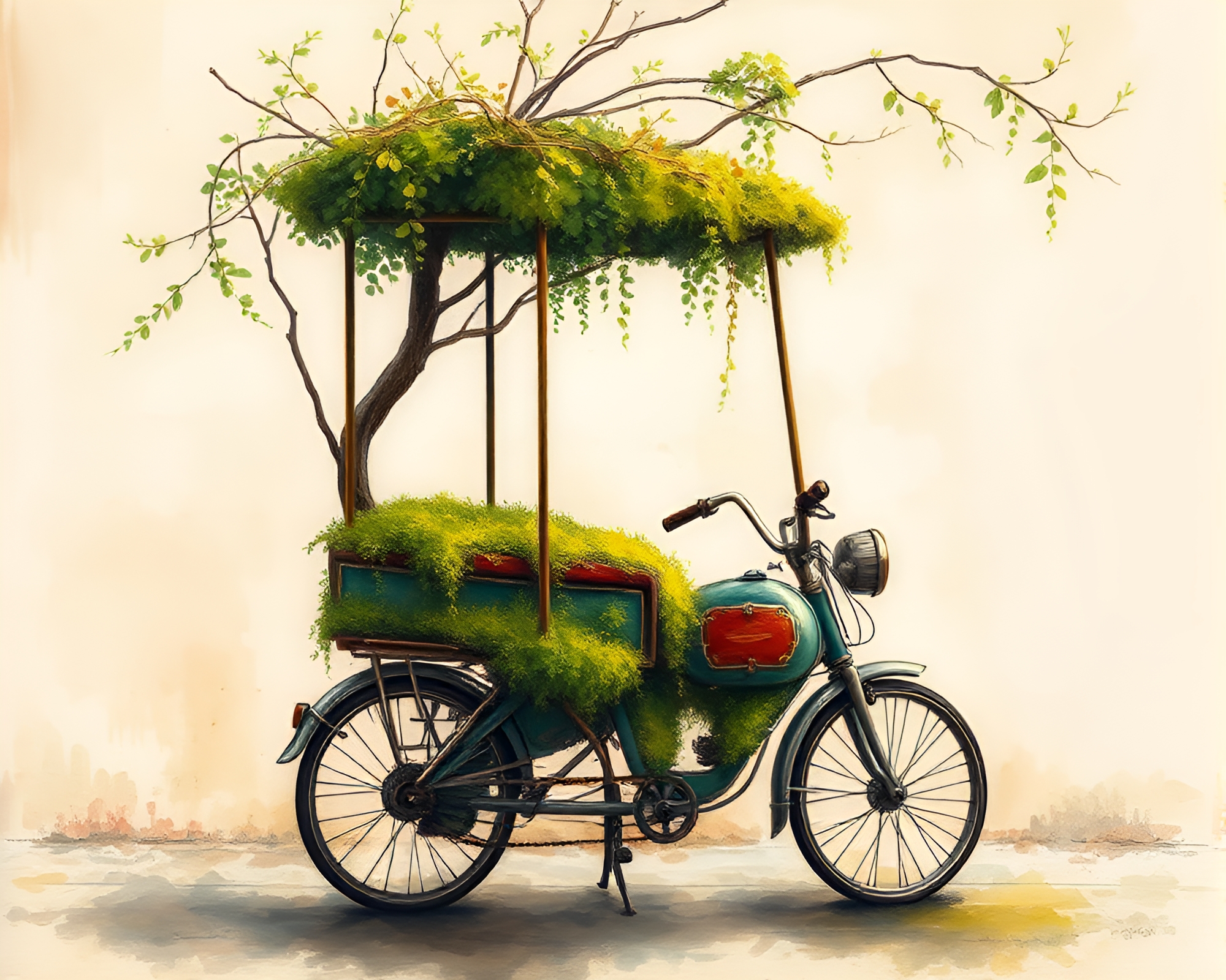 Mystical Rickshaw Ride Through Mossy Bronze Forest – free AI stock image