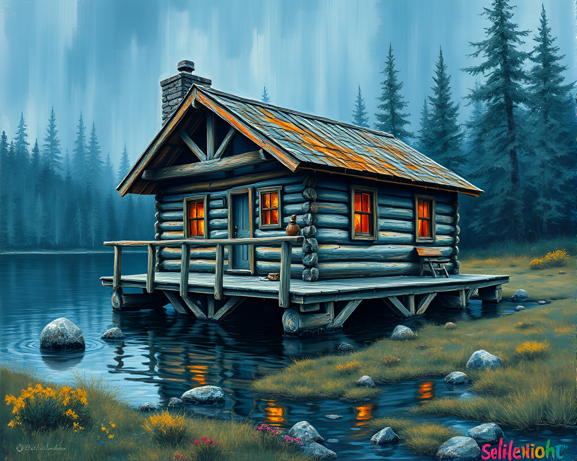 Rustic Cabin Reflection in Distorted Water Pools – free AI stock image