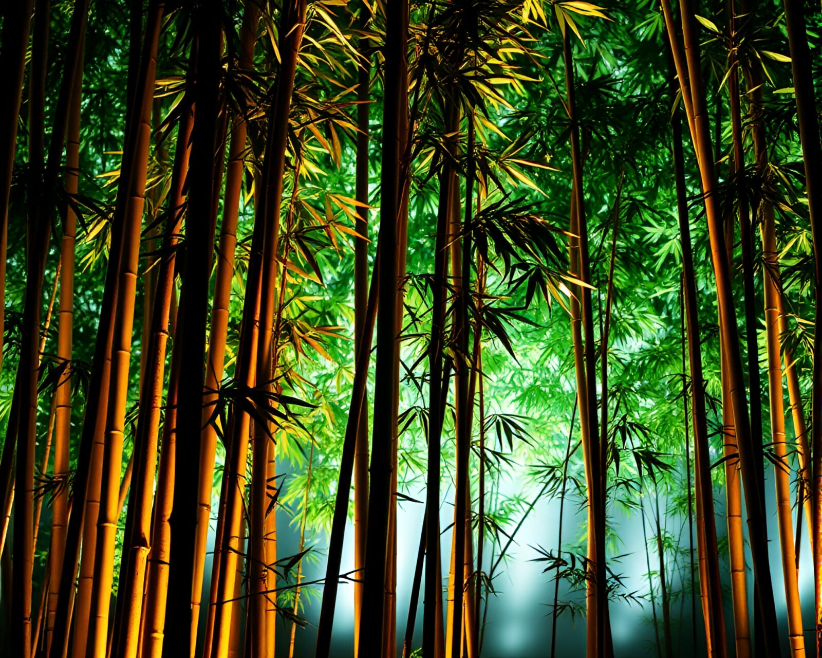 Backlit bronze bamboo grove silhouette in theatrical lighting