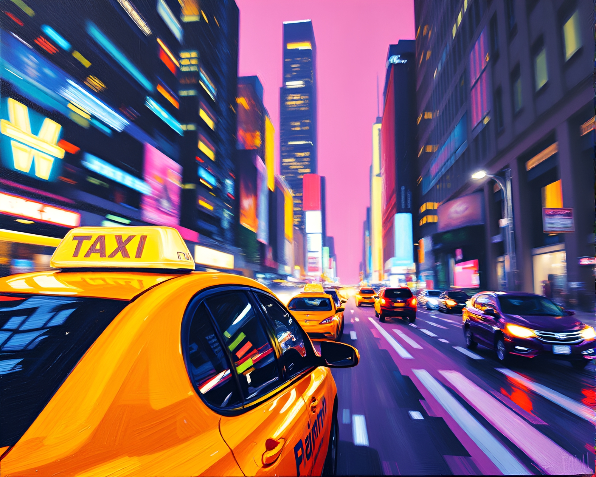 Urban Taxi Rush under Ultraviolet Skyscraper Glow – free AI stock image