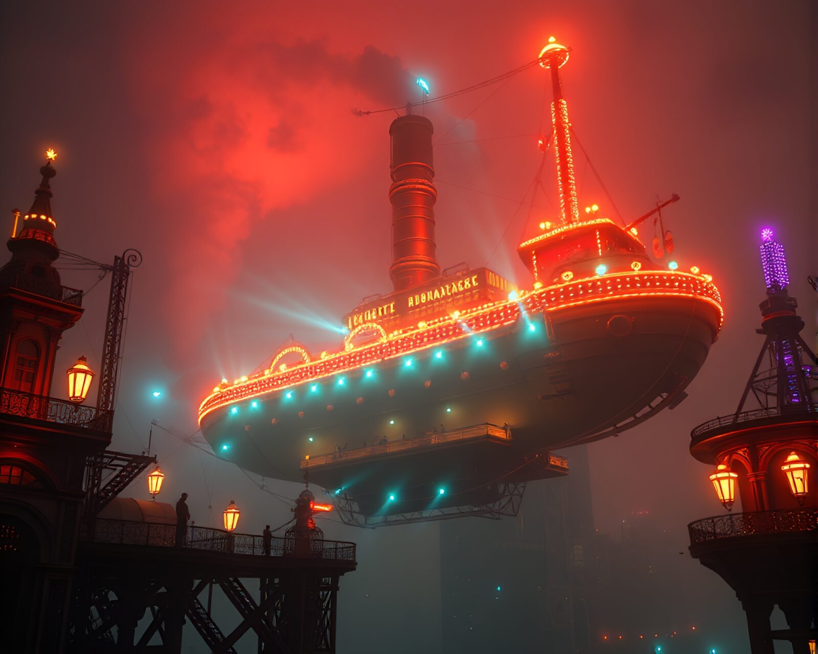 Wide vaporwave shot of a majestic steampunk airship