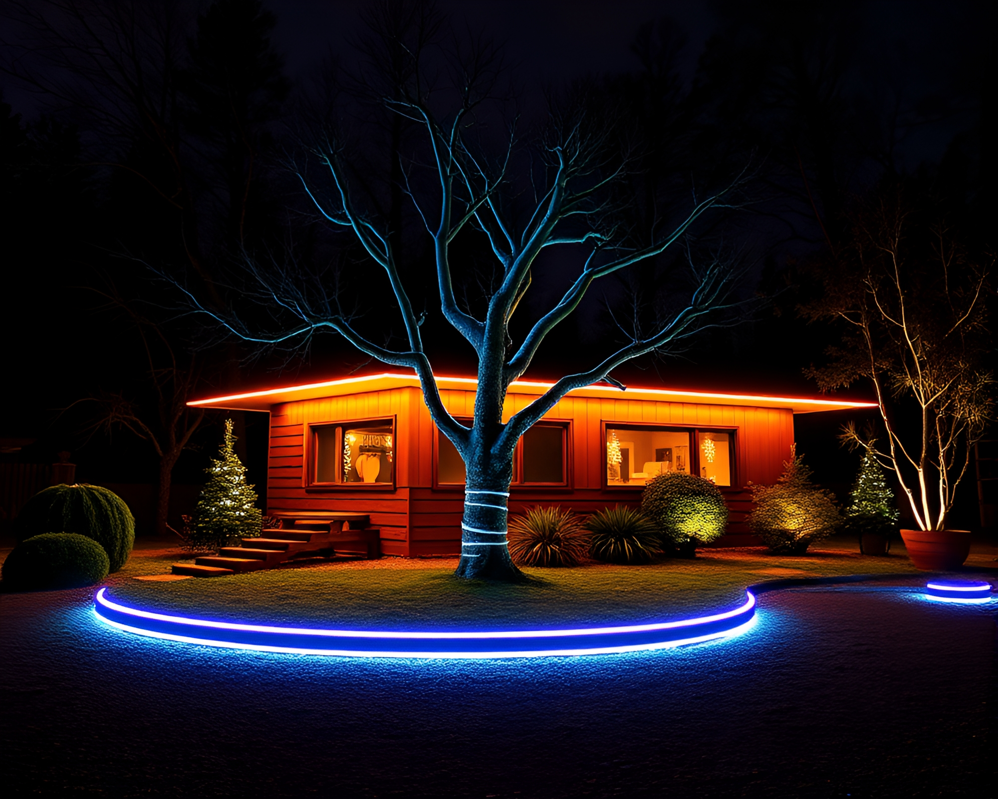 Glowing Treehouse Retreat in Neon Light Forest – free AI stock image
