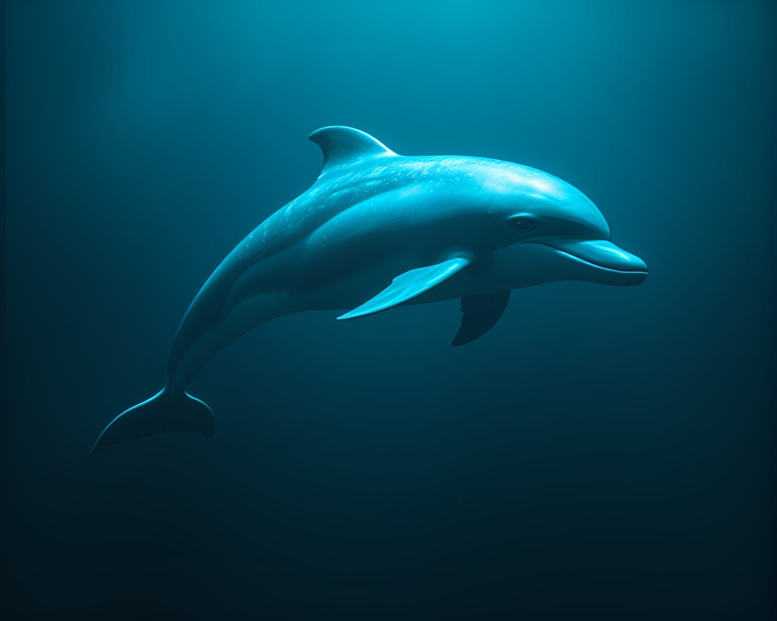 Desaturated shot, holographic dolphin silhouette swimming, high-angle.