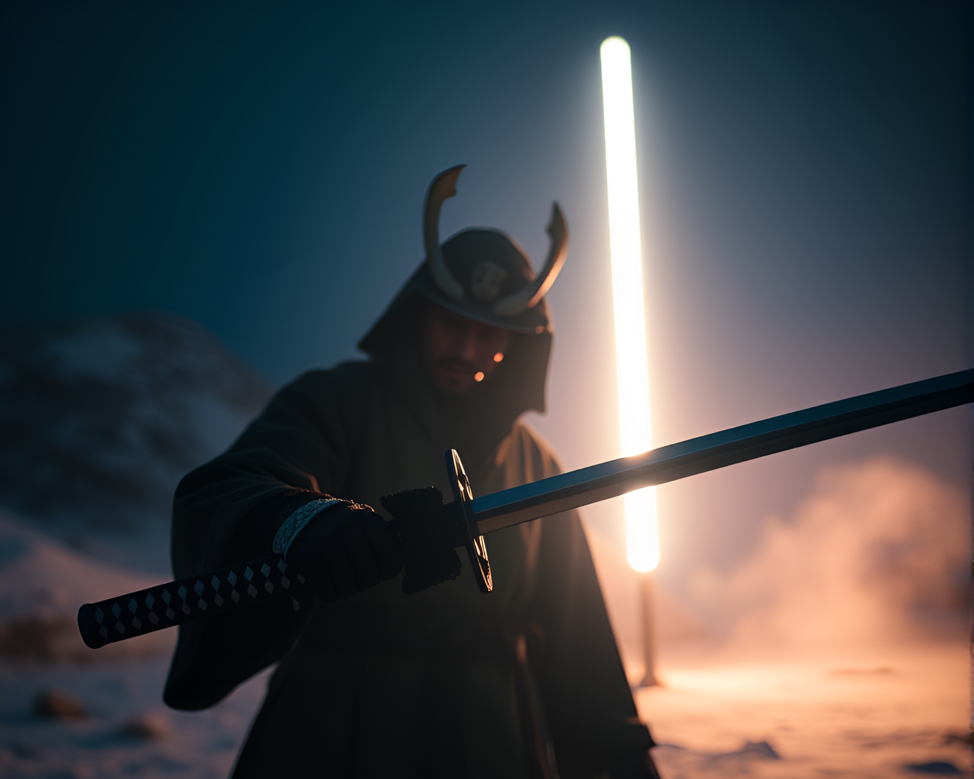 Samurai Warrior in Arctic Storm with Fluorescent Light – free AI stock image