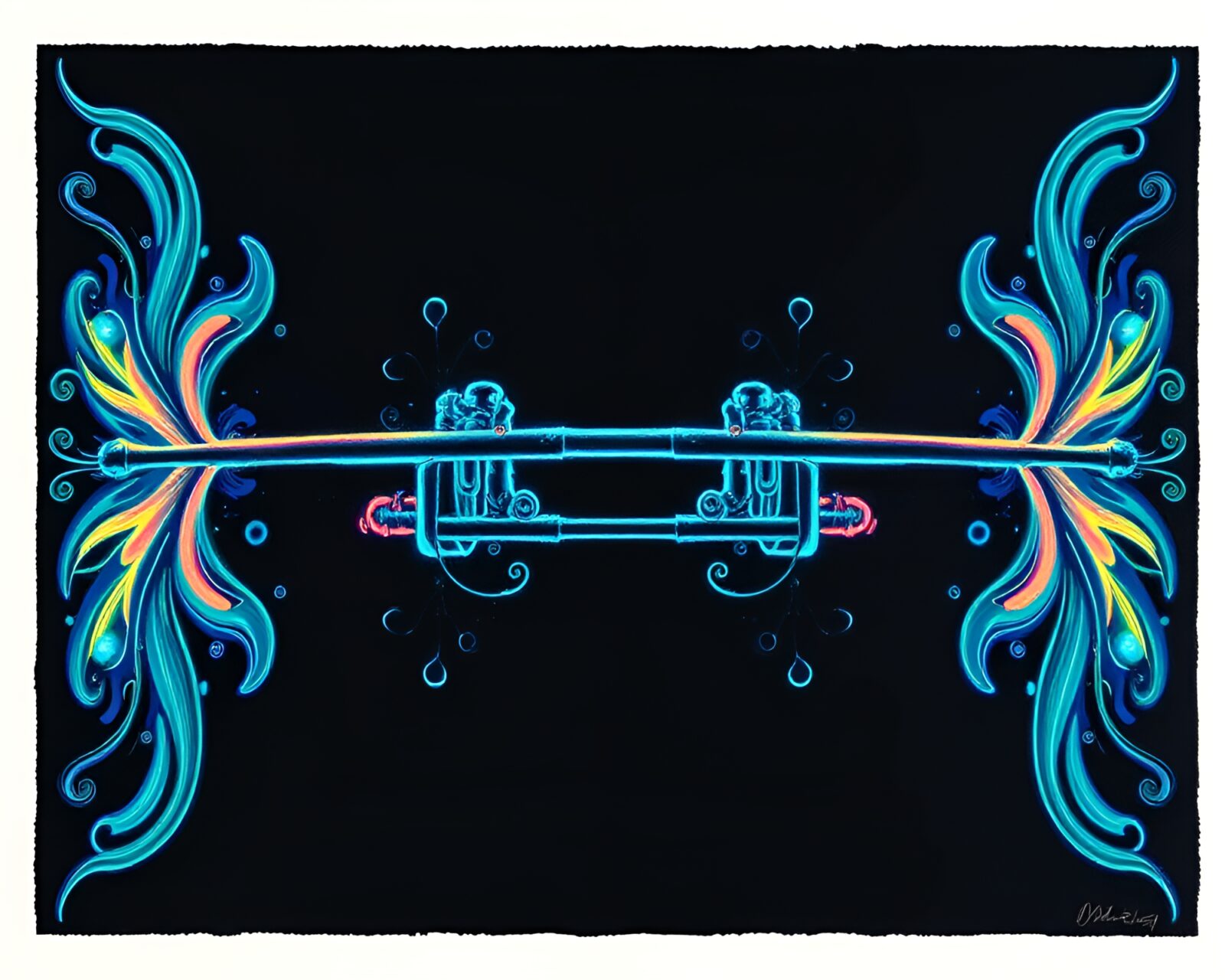 Symmetrical composition of glowing trumpet in beautiful gouache art