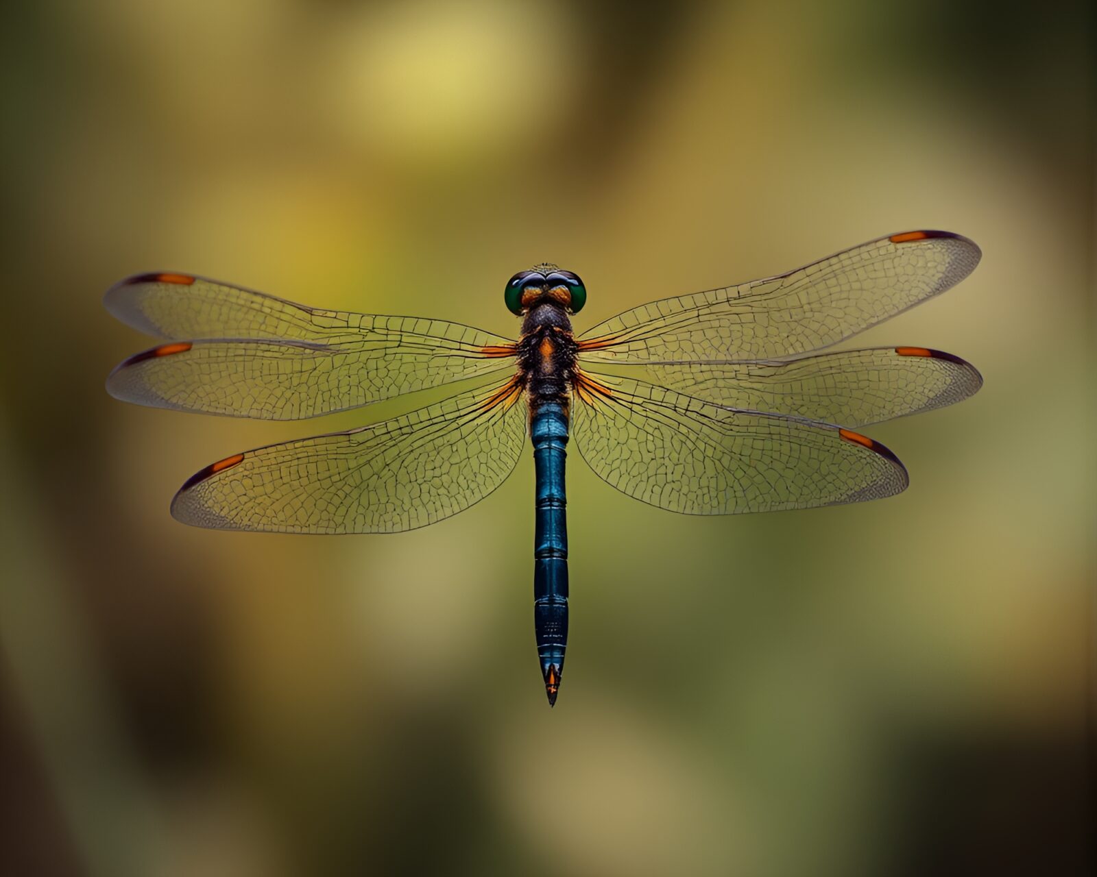 Mystical dragonfly with off-center focus in lush green hues