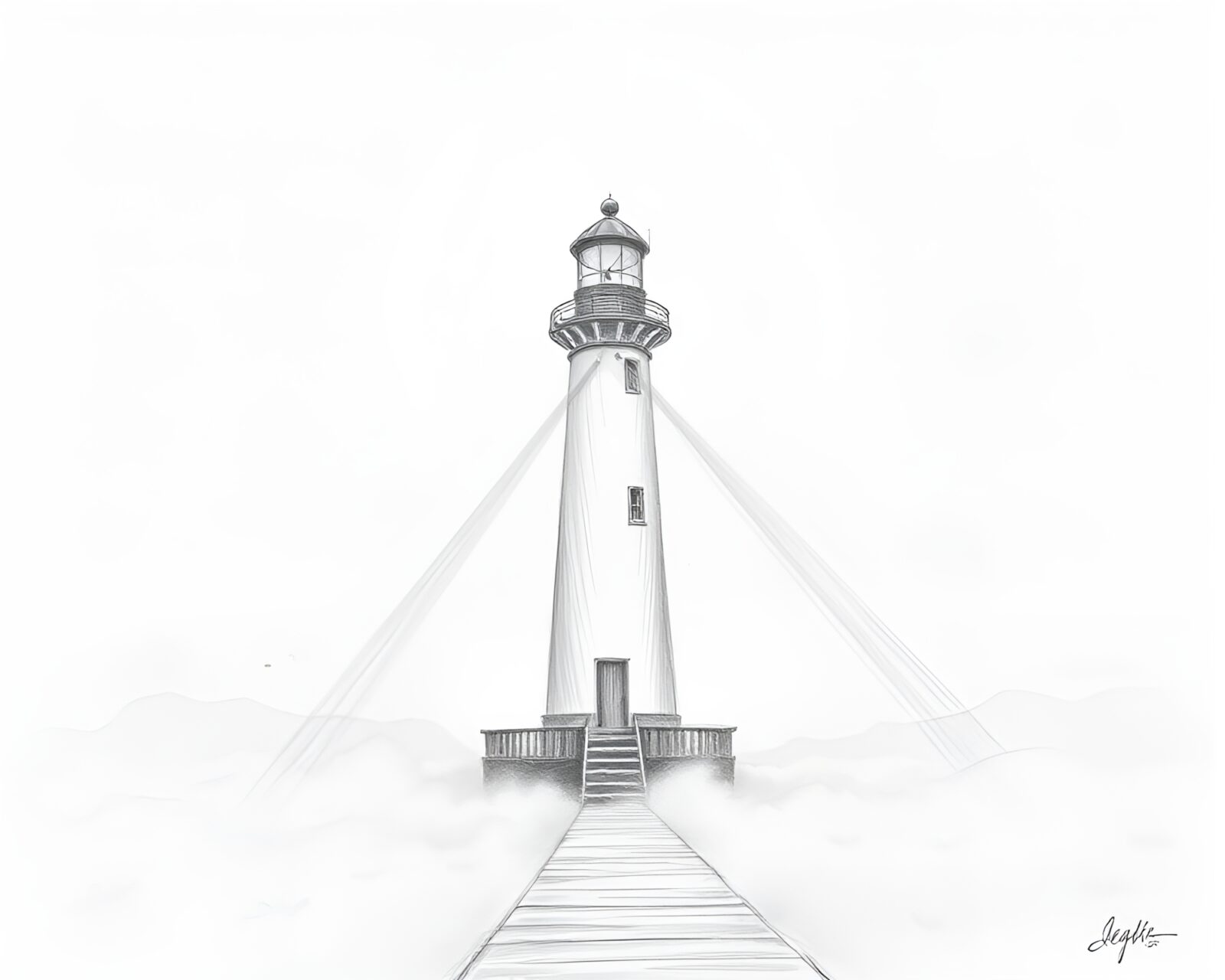 Eerie pencil sketch of abandoned lighthouse engulfed by fog