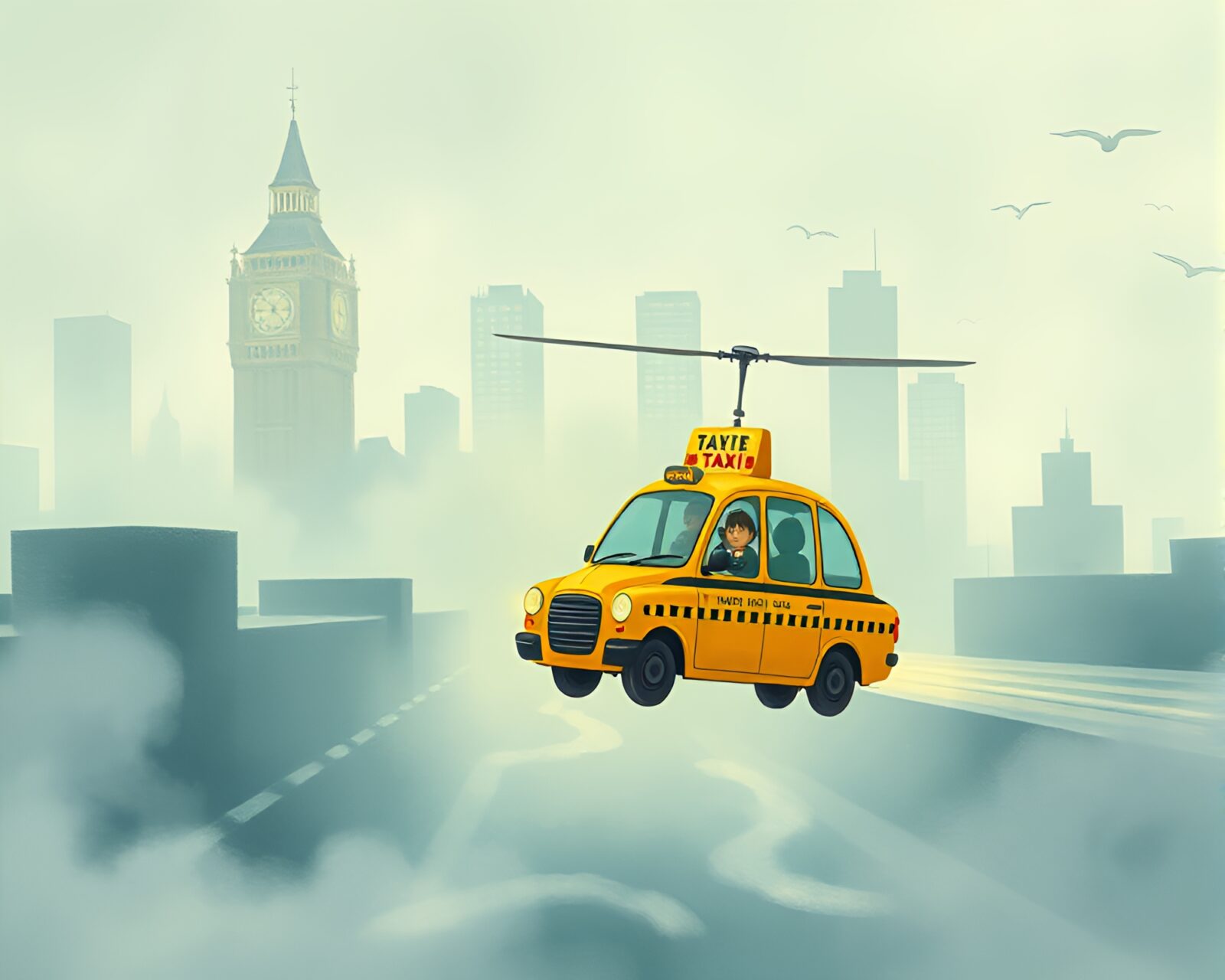 Illustration of children on hover taxi in mystical haze