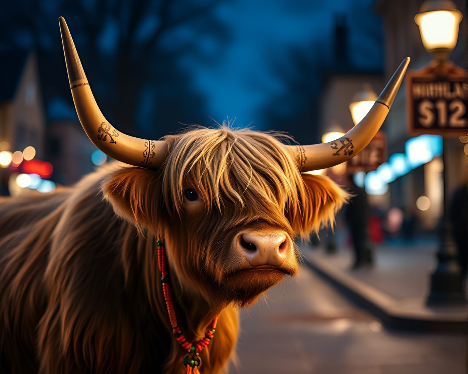 A Highland cow with intricate beadwork under a streetlamp