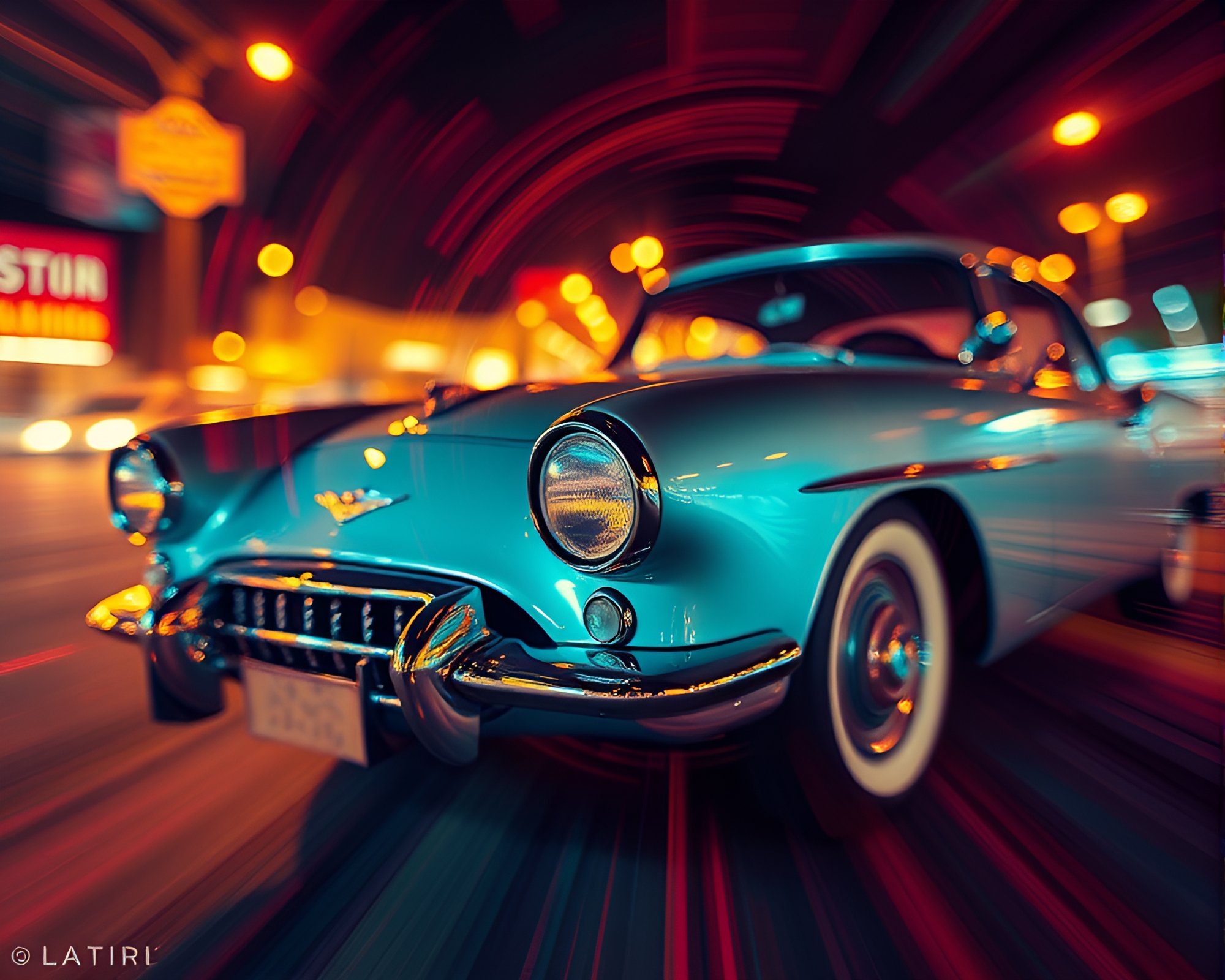 Lens Distorted Vintage Car in Thermal Impressionism – free AI stock image