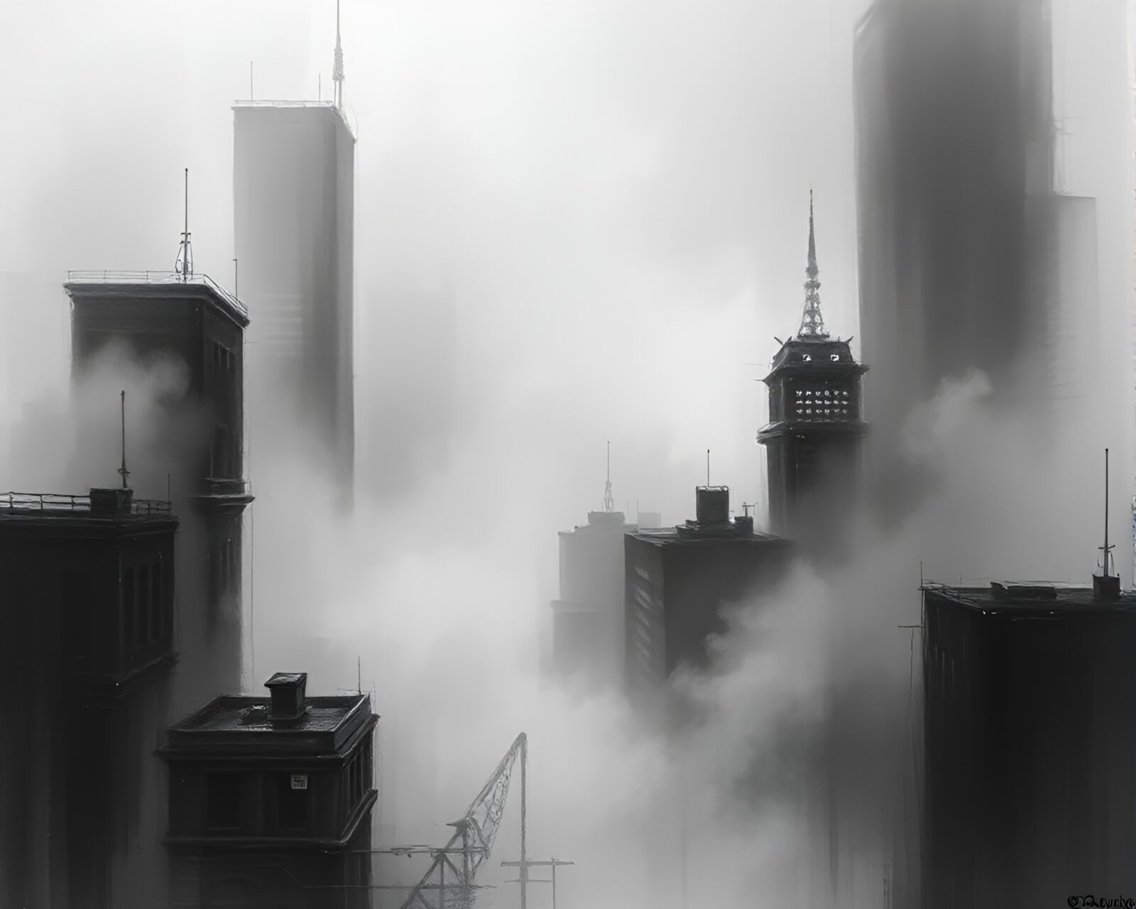 Oil painting of futuristic city covered in misty grey clouds