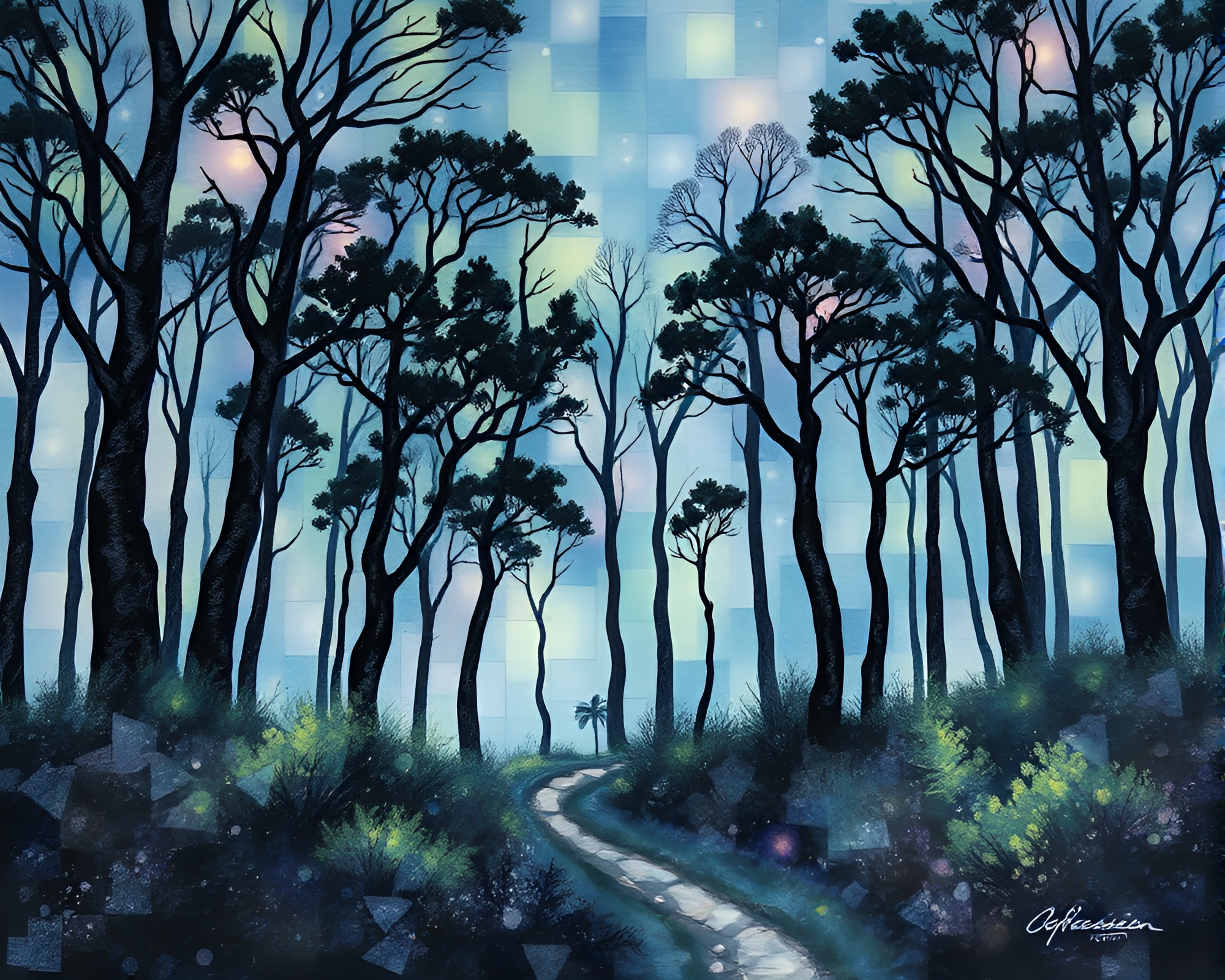 Bioluminescent Engraved Forest Fragmented Mosaic – free AI stock image