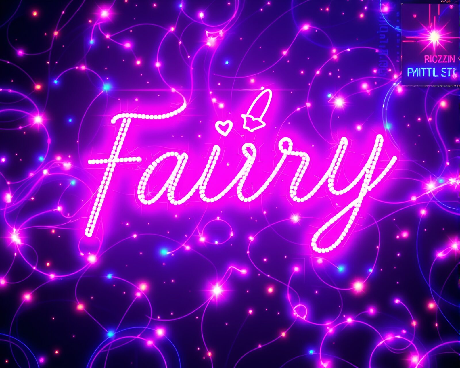 Intricate patterns in neon sign surrounded by fairy lights