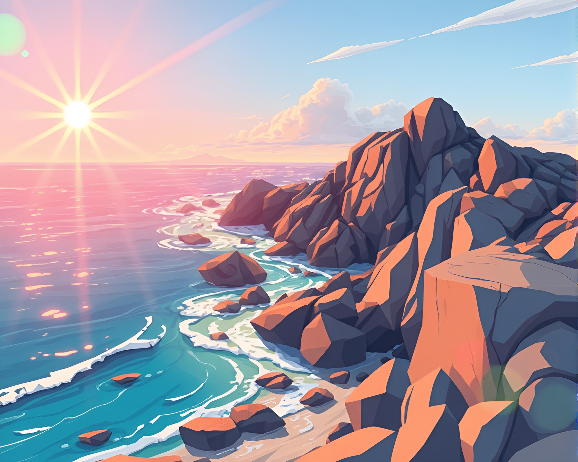 Cartoon Rocky Coastline with Lens Flare – free AI stock image