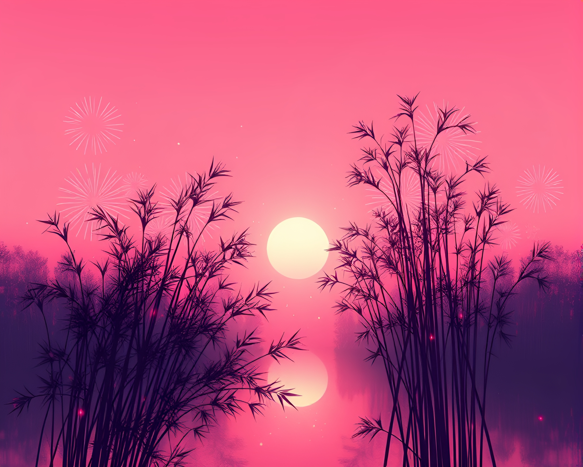 Bamboo Flute Serenade under Pink Fireworks Sky – free AI stock image