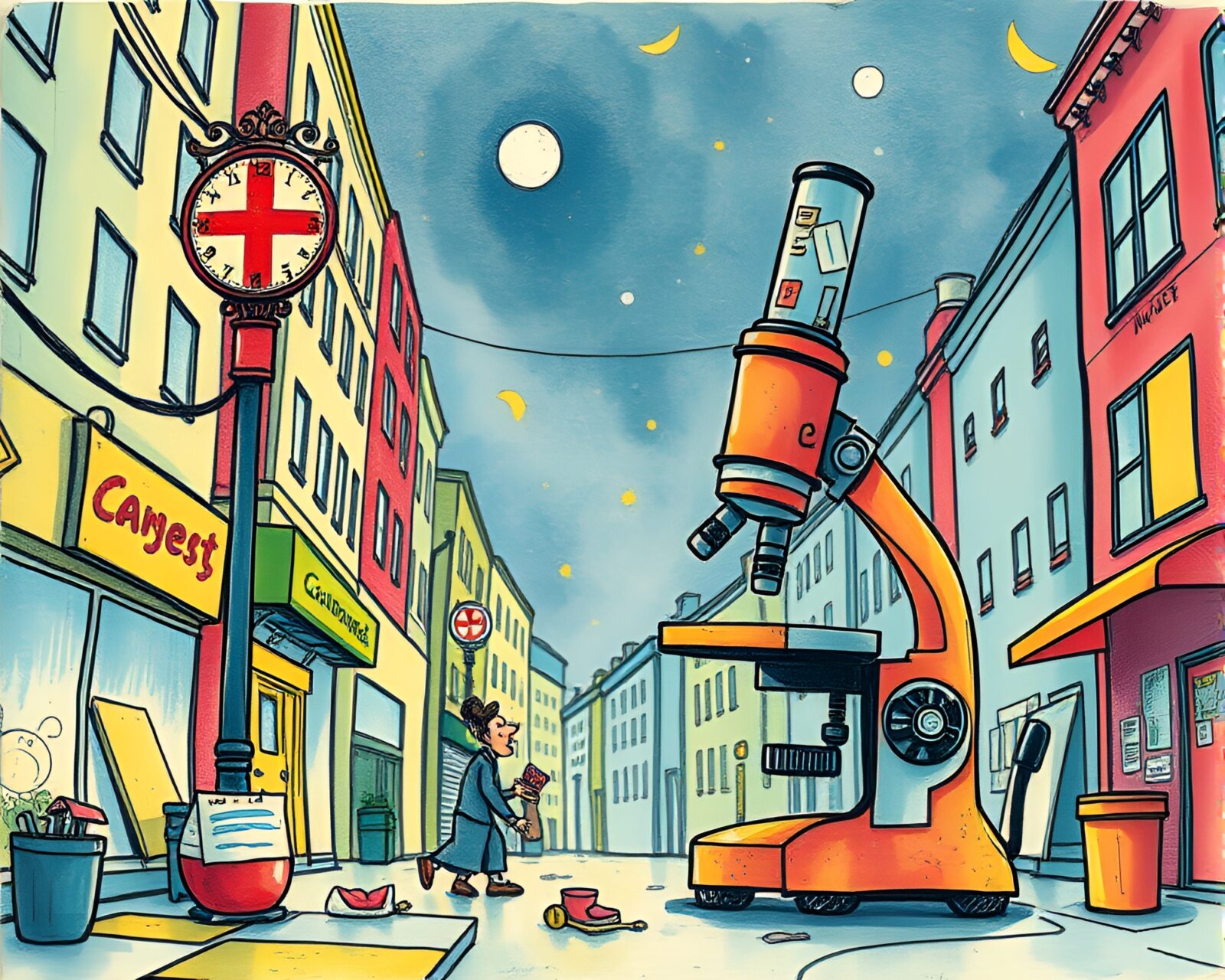 Children's book illustration of tiny street art graffiti under magnification