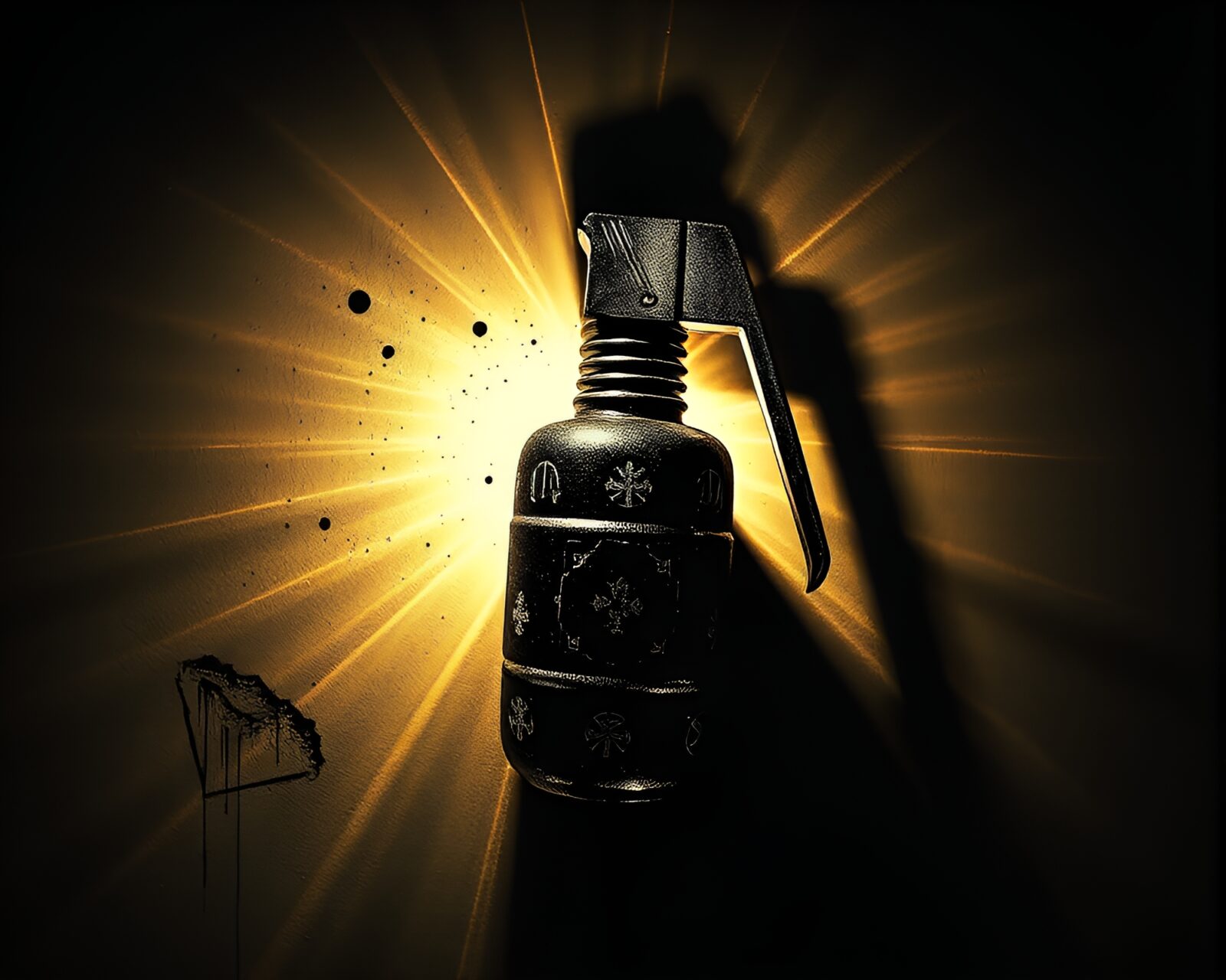 Vibrant pop art style portrayal of detailed antimatter grenade in shadowy attic