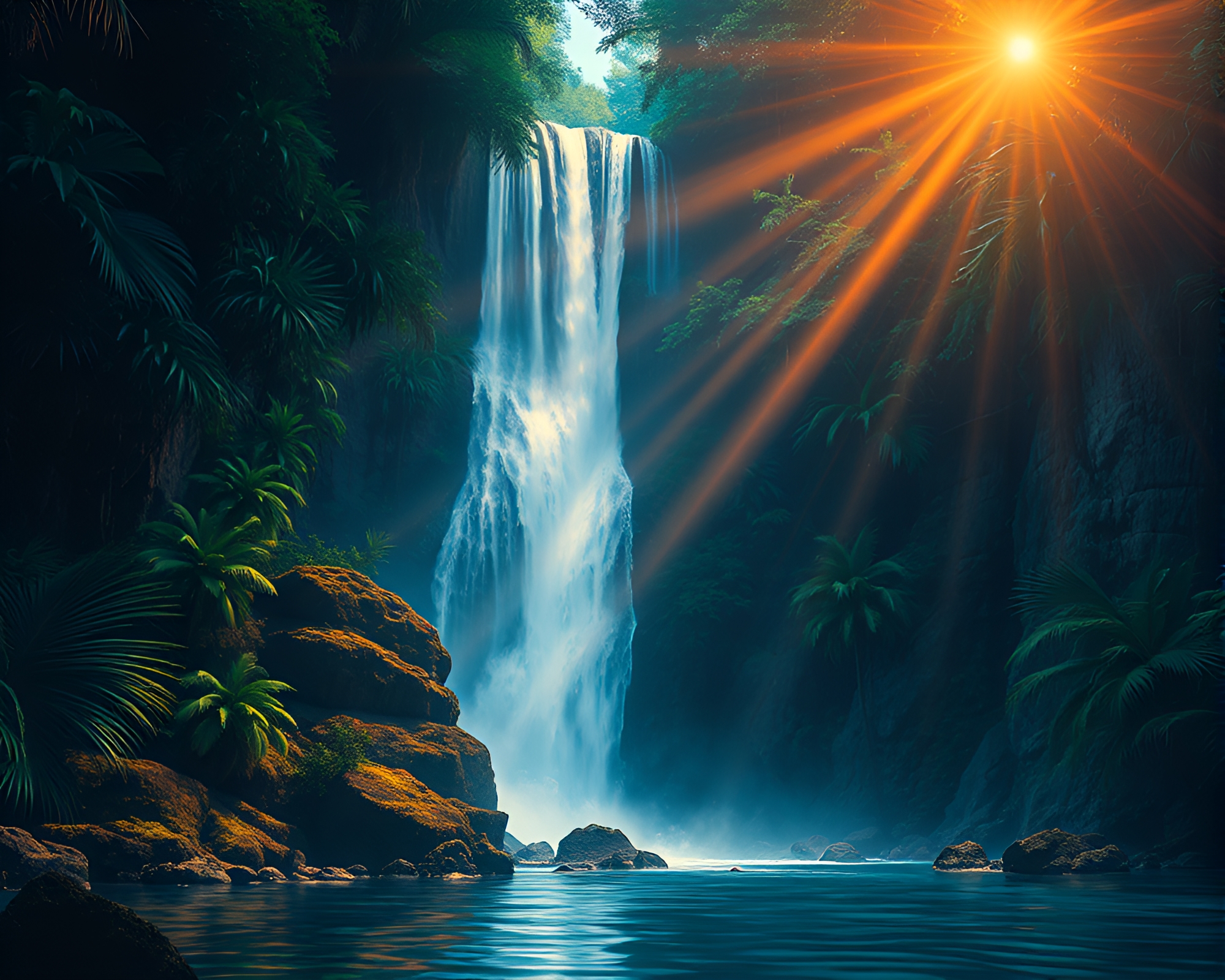 Tropical Waterfall Cathedral: Dynamic Lithograph Composition – free AI stock image