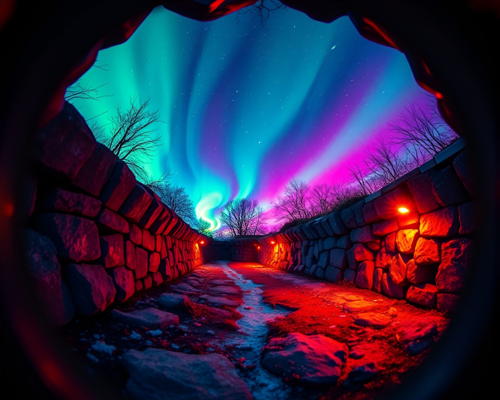 Underground bunker scene in aurora hues with split focus