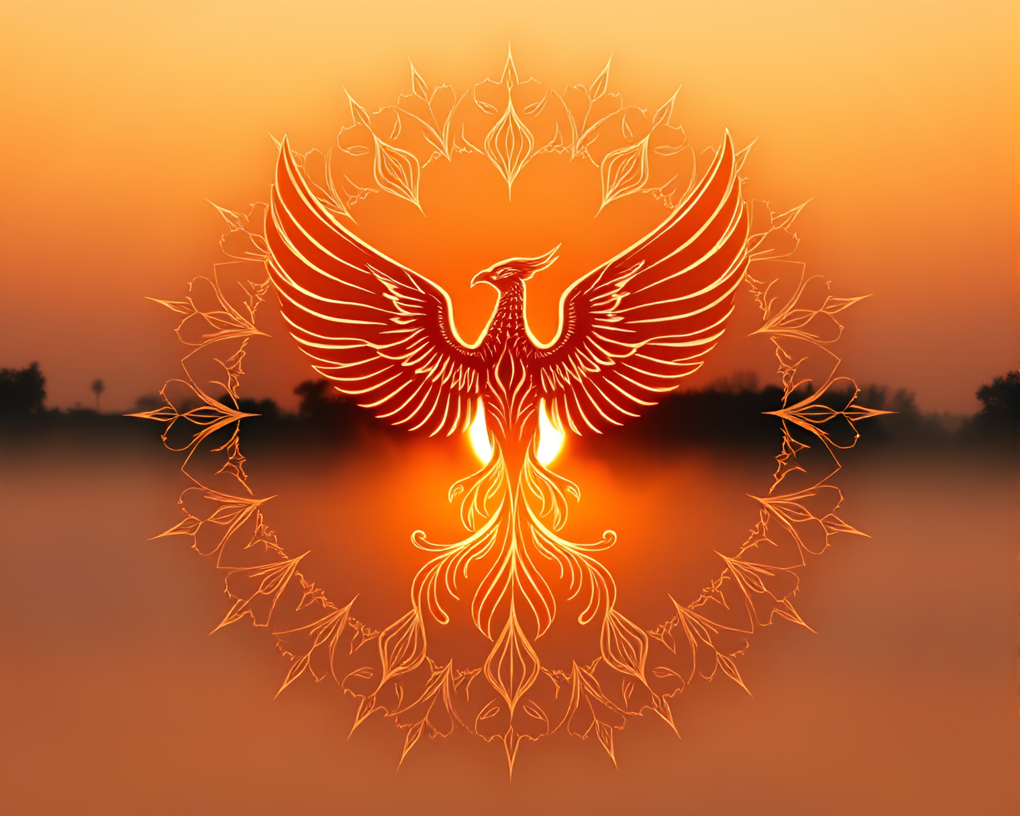 Phoenix Calligraphy in Radiant Dawn Mist Harmony – free AI stock image