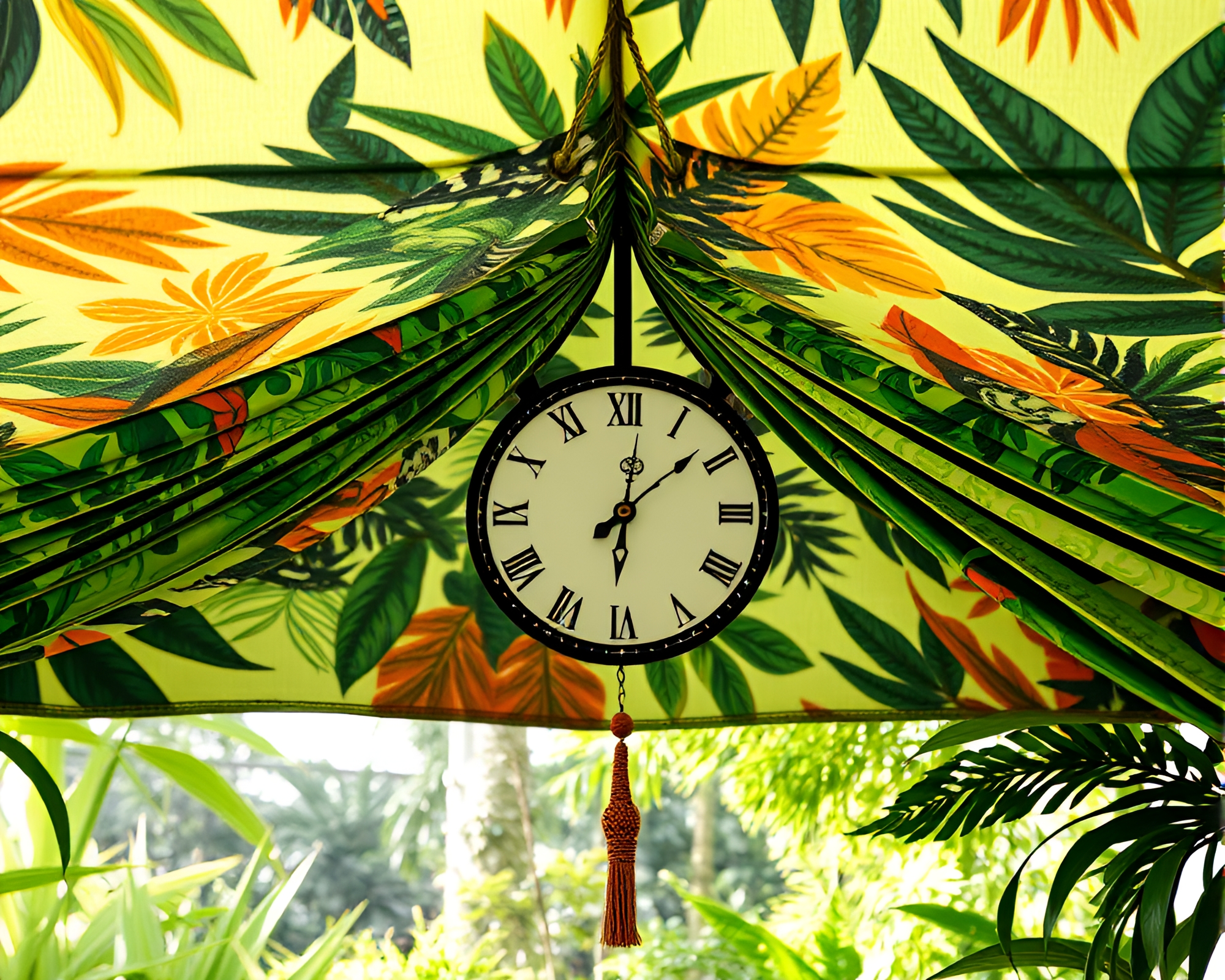 Chrono Clock in Jungle Canopy Fabric Folds – free AI stock image