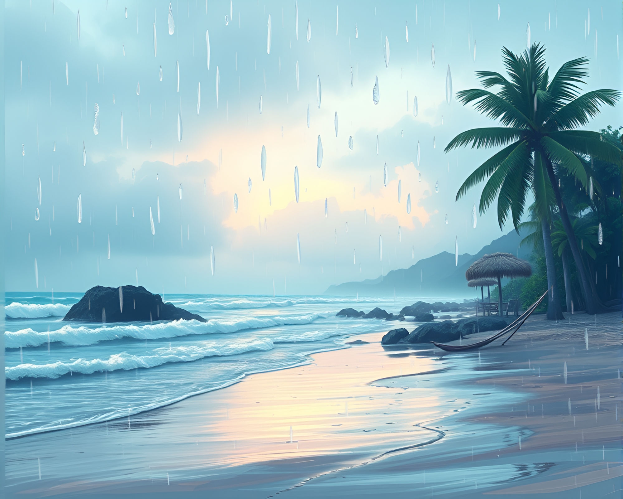Beach Rain Droplets: Pastel Toon Shading Dream – free AI stock image