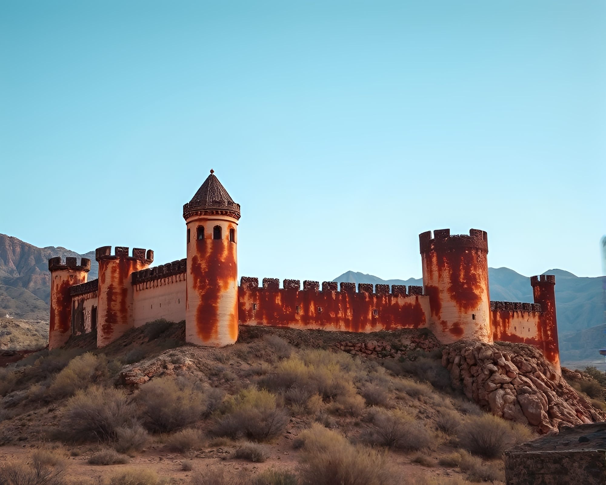 Eerie Deserted Castle in Arctic Blue Duotone – free AI stock image