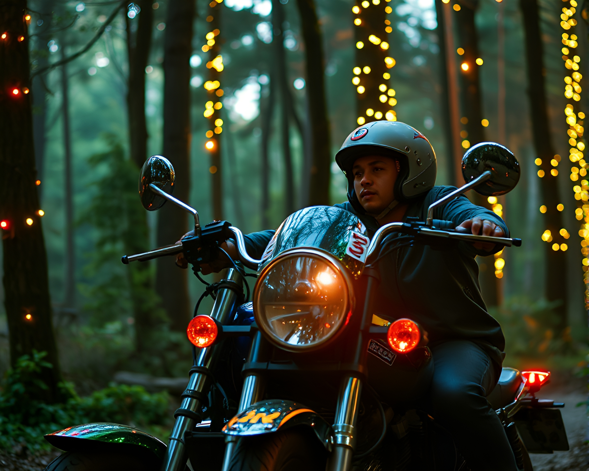 Enchanted Neon Motorcycle in Graphic Novel Forest – free AI stock image