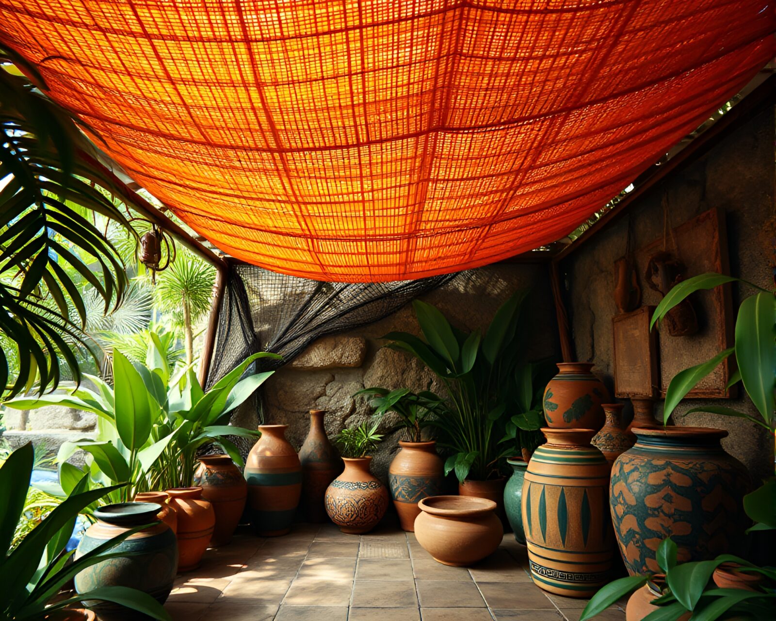 Abstract vaporwave-style image of distorted rustic pottery under jungle canopy