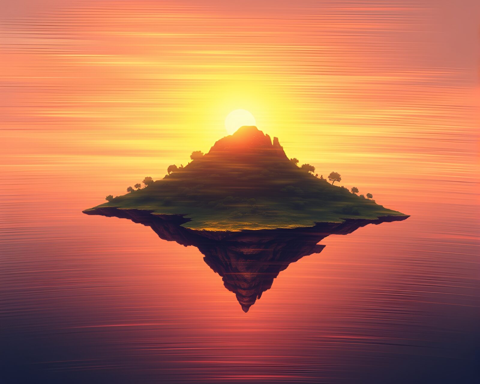 Pixel art floating island with glowing bronze hues