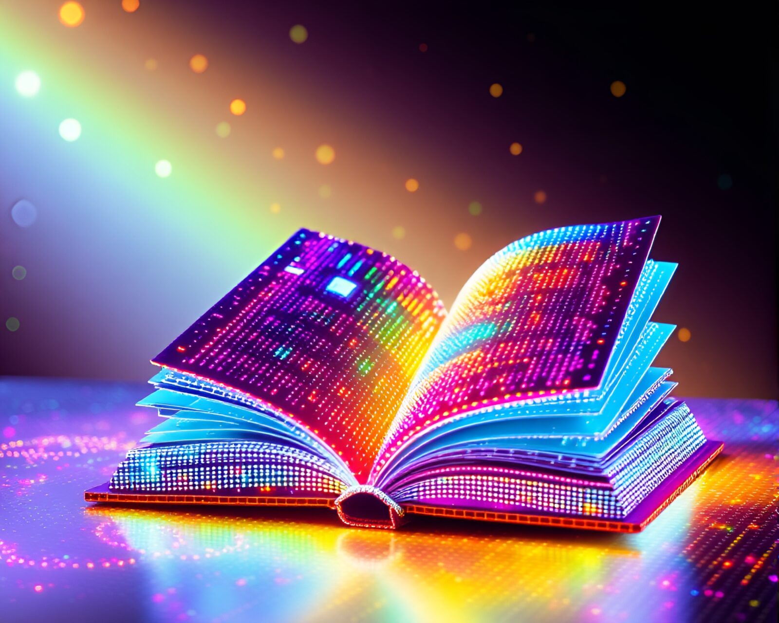 Futuristic utopian scene with a magical glowing book