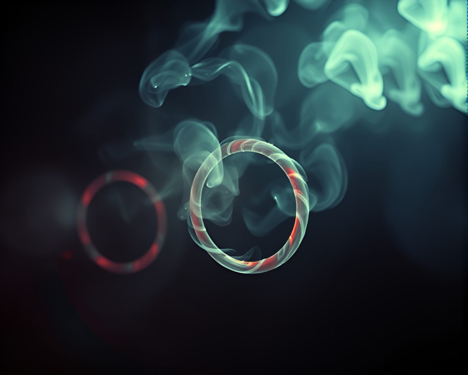 Overexposed bright smoke rings in a dark Lovecraftian world