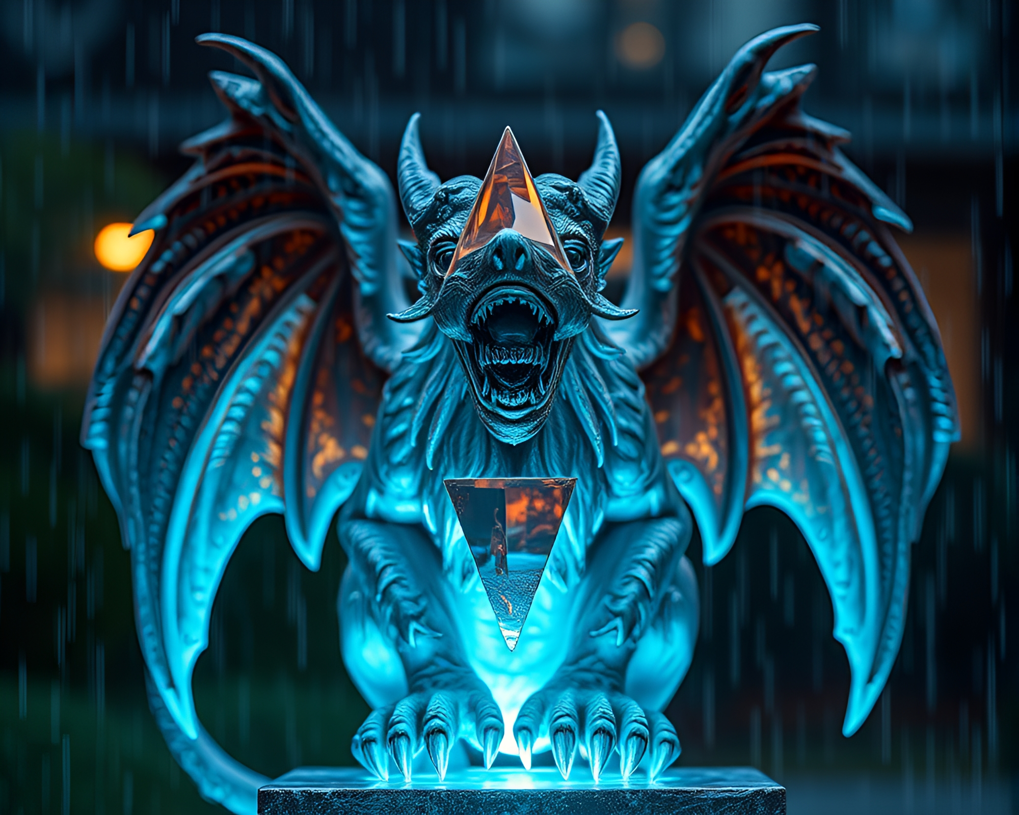 Prism Refraction on Gargoyle Statue in Rainy Reflections – free AI stock image