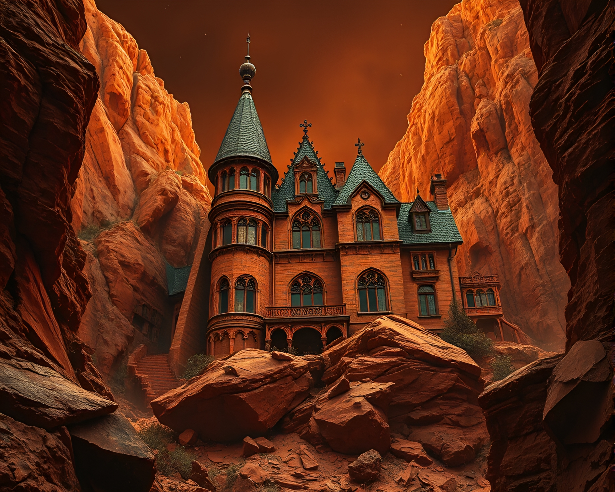 Neo-gothic Mansion Reflecting in Glass Shards – free AI stock image
