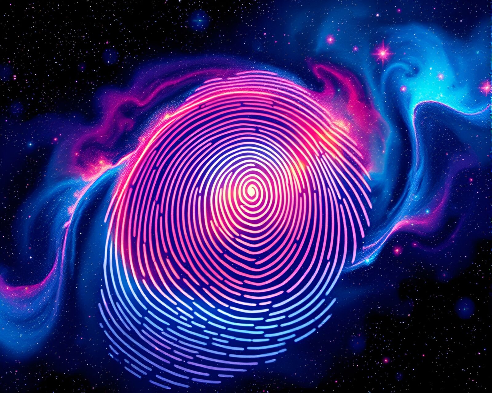 Galaxy colors cascading down a fingerprint swirl in ASCII
