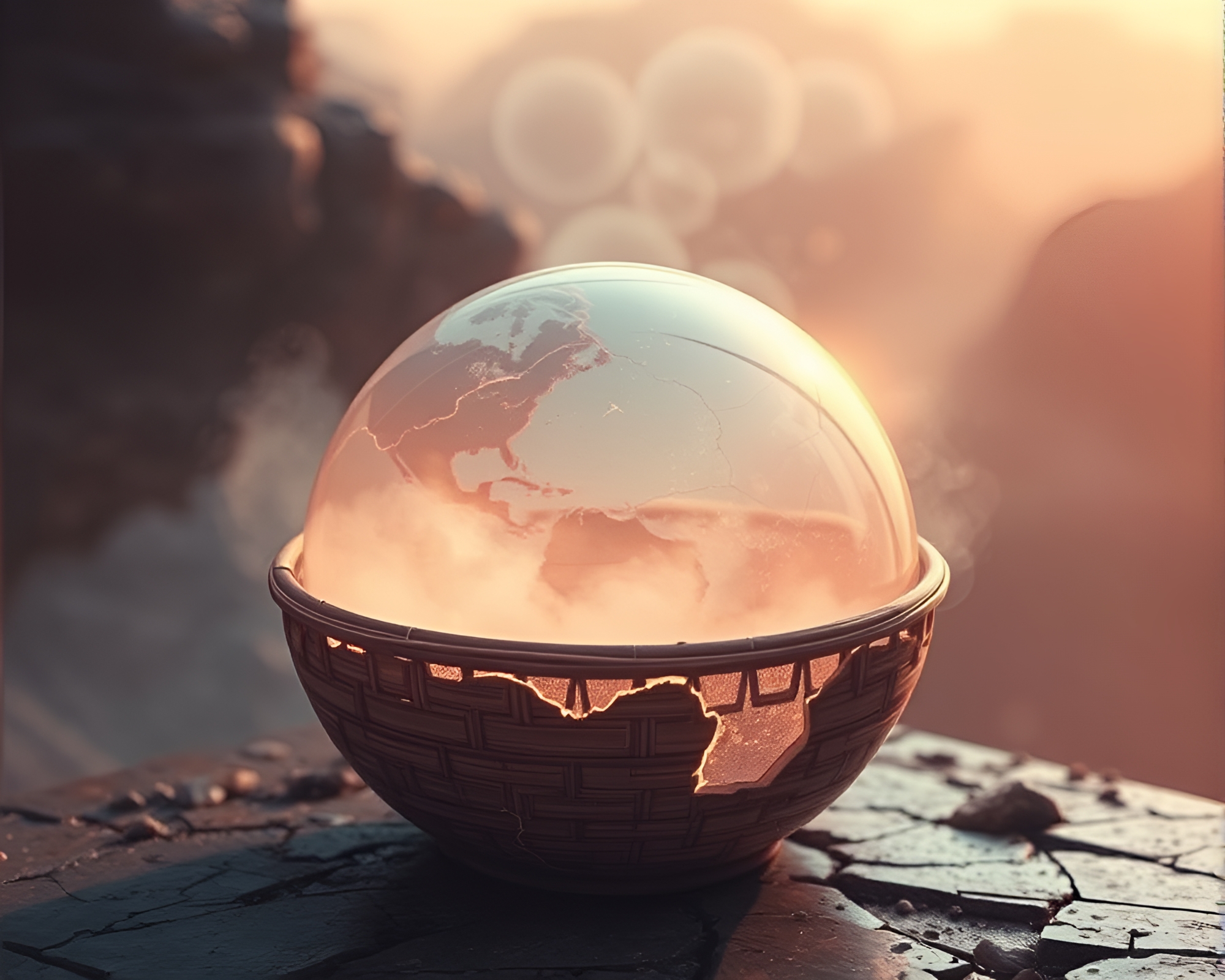 Futuristic Dim Sum Basket on Cracked Earth Horizon – free AI stock image