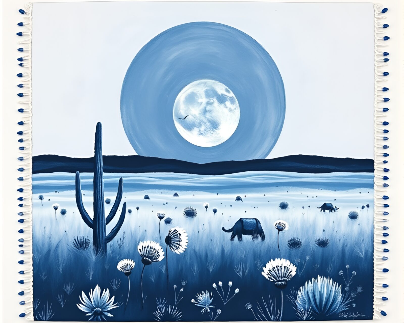 Serenely monochrome desert scene with intricate beadwork accents