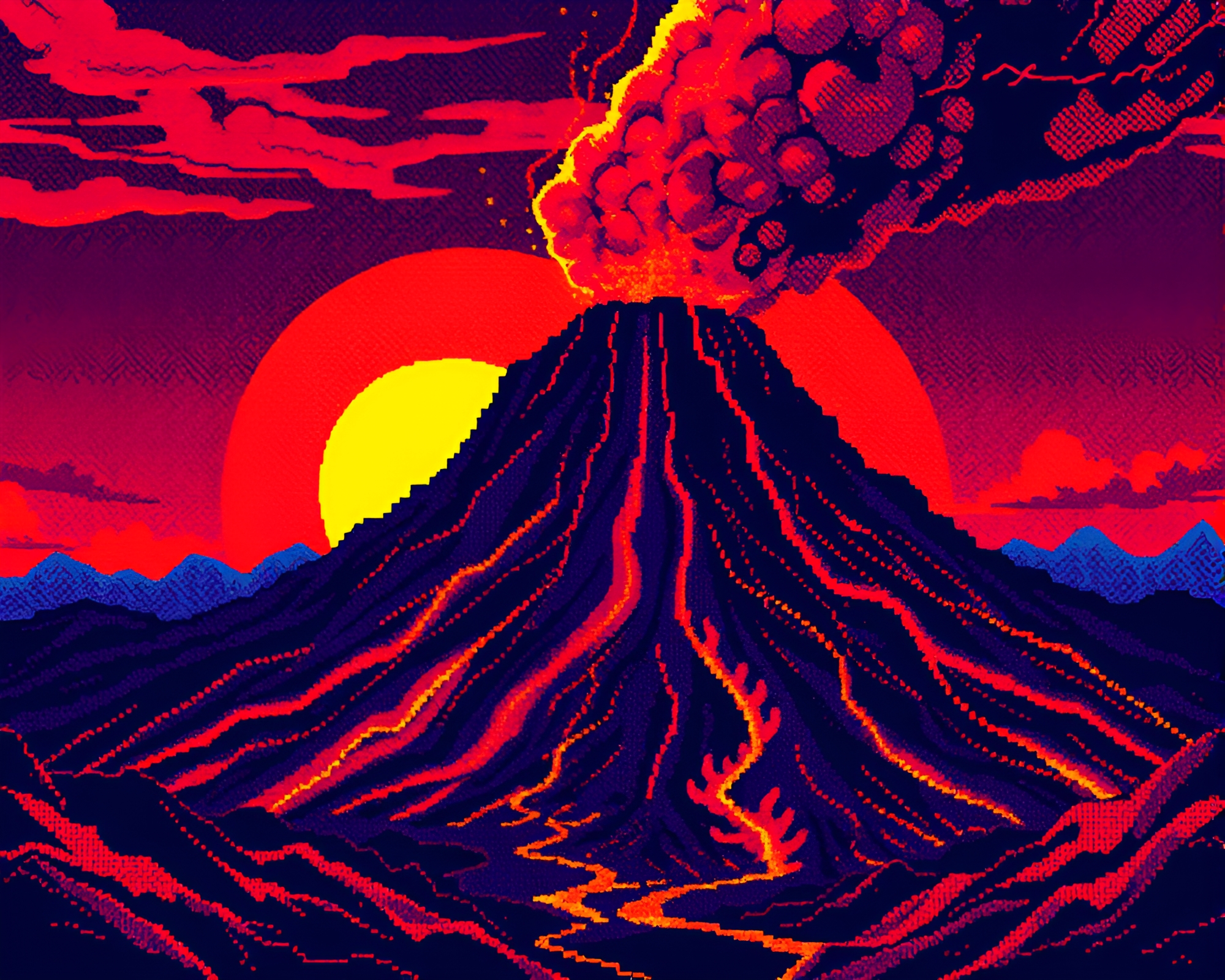 Retro Pixel Art: Volcanic Eruption Surreal Shift – free AI stock image