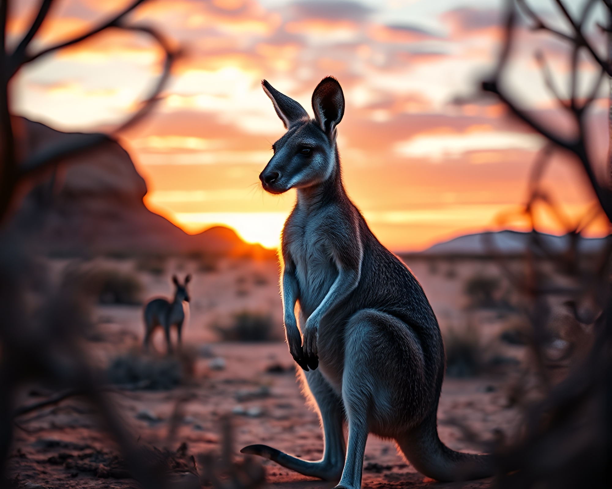 Kangaroo silhouette amidst desert twilight frame – free AI stock image