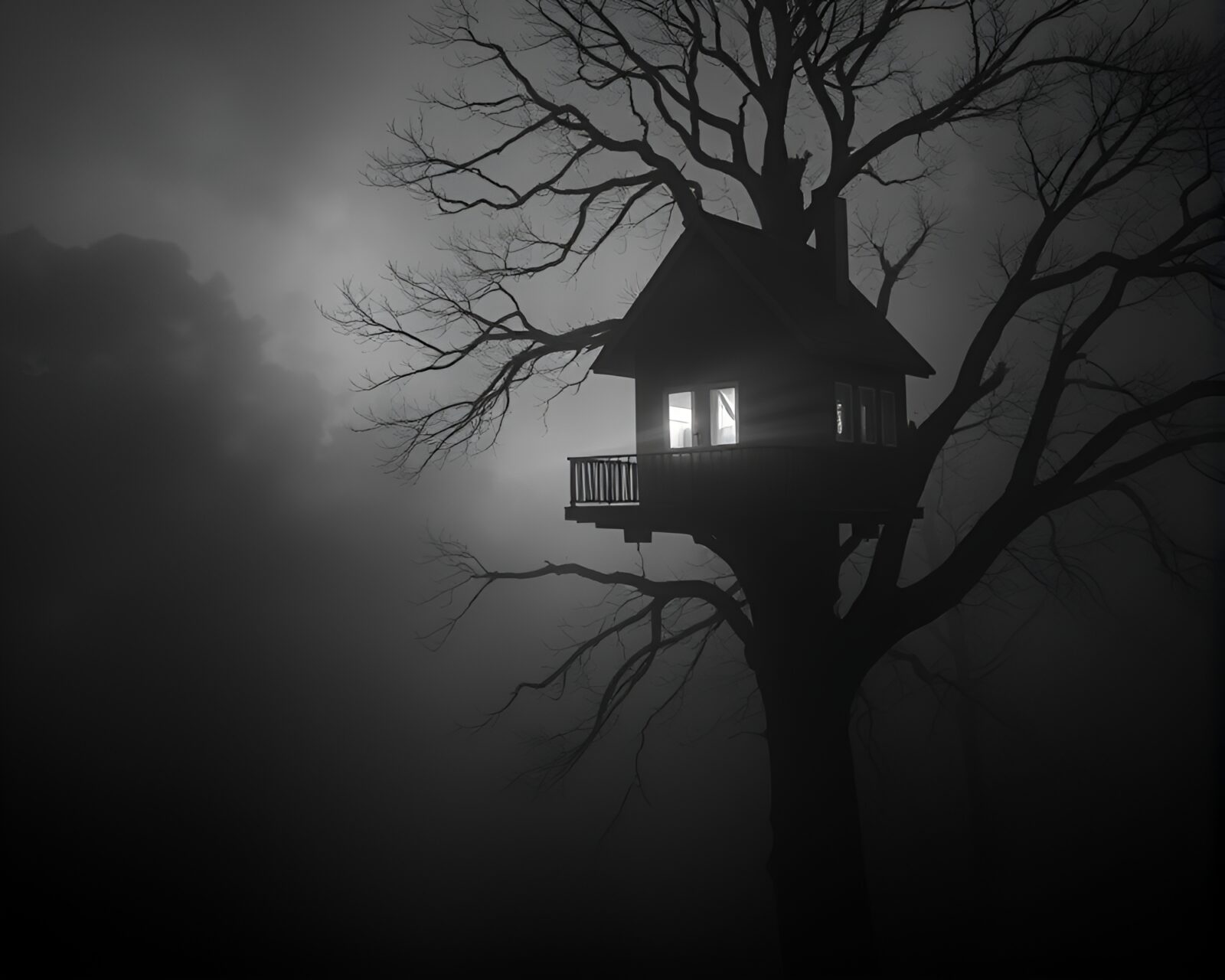 Enchanting monochrome image of a treehouse with mosaic lighting